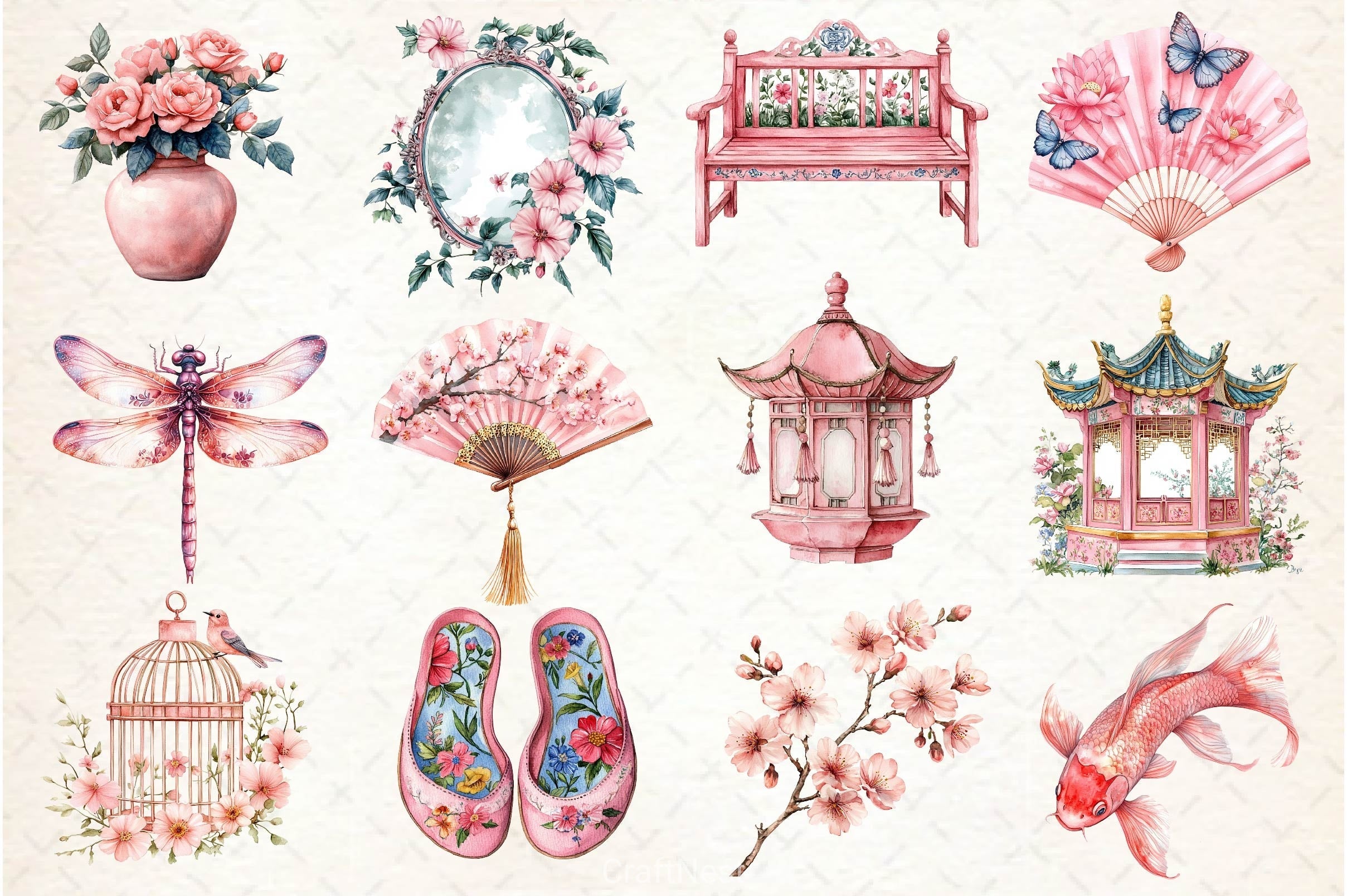 Pink Chinoiserie Summer Clipart Bundle 3