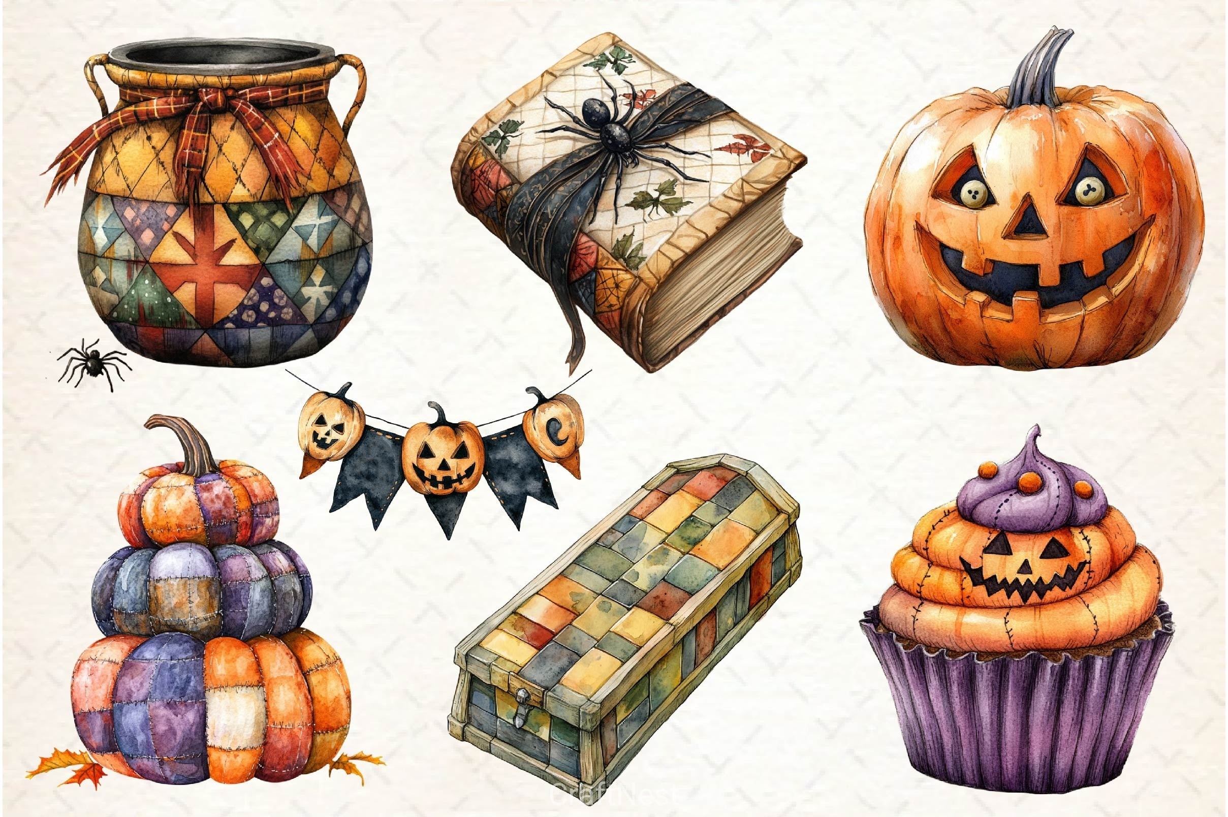Patchwork Style Halloween Clipart Bundle
