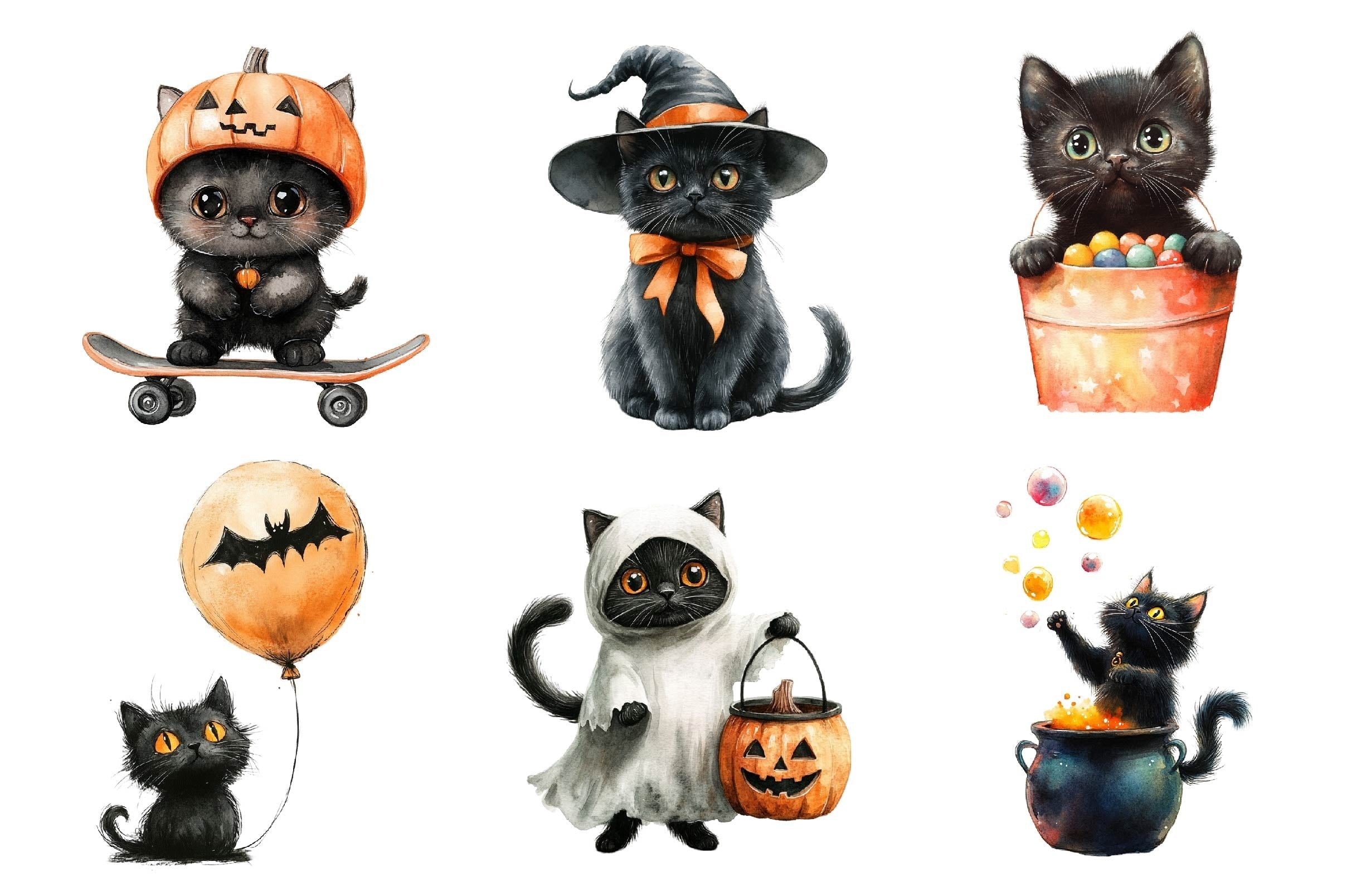 Cute Halloween Black Cats Clipart Bundle 3