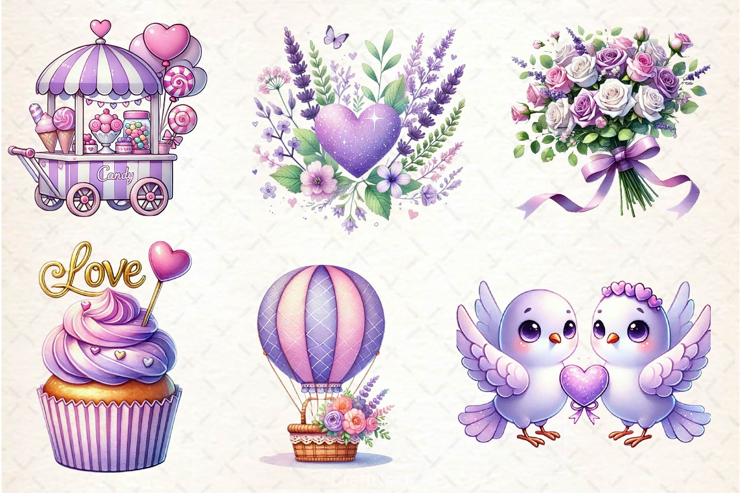 Pastel Purple Valentine's Clipart Bundle 2