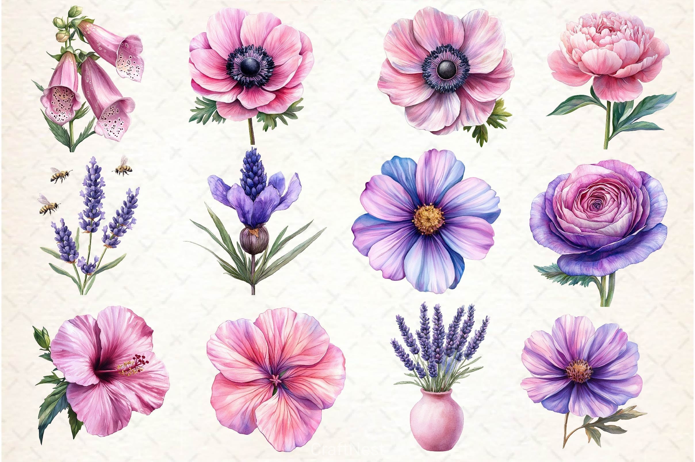 Lavender Pink Flowers Clipart Bundle