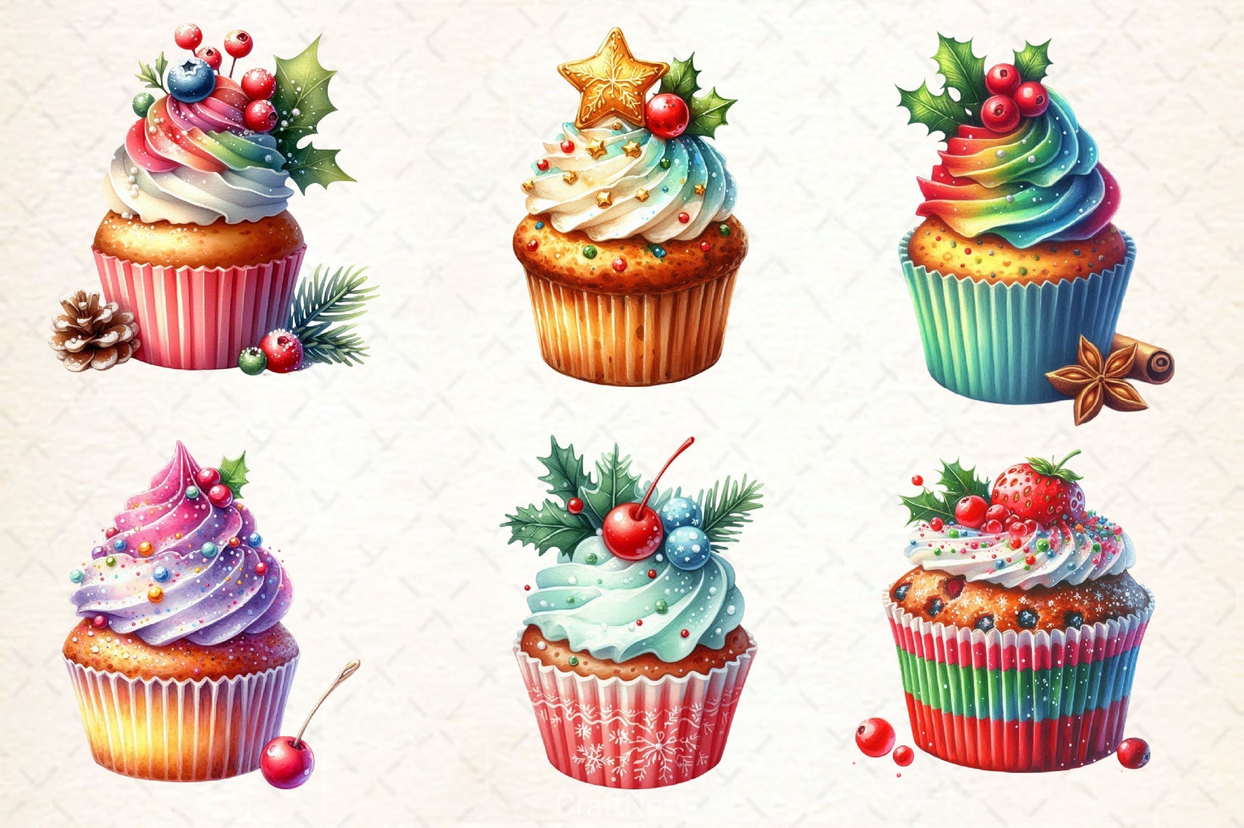 Christmas Cupcake Vintage Cupcake Clipart Bundle