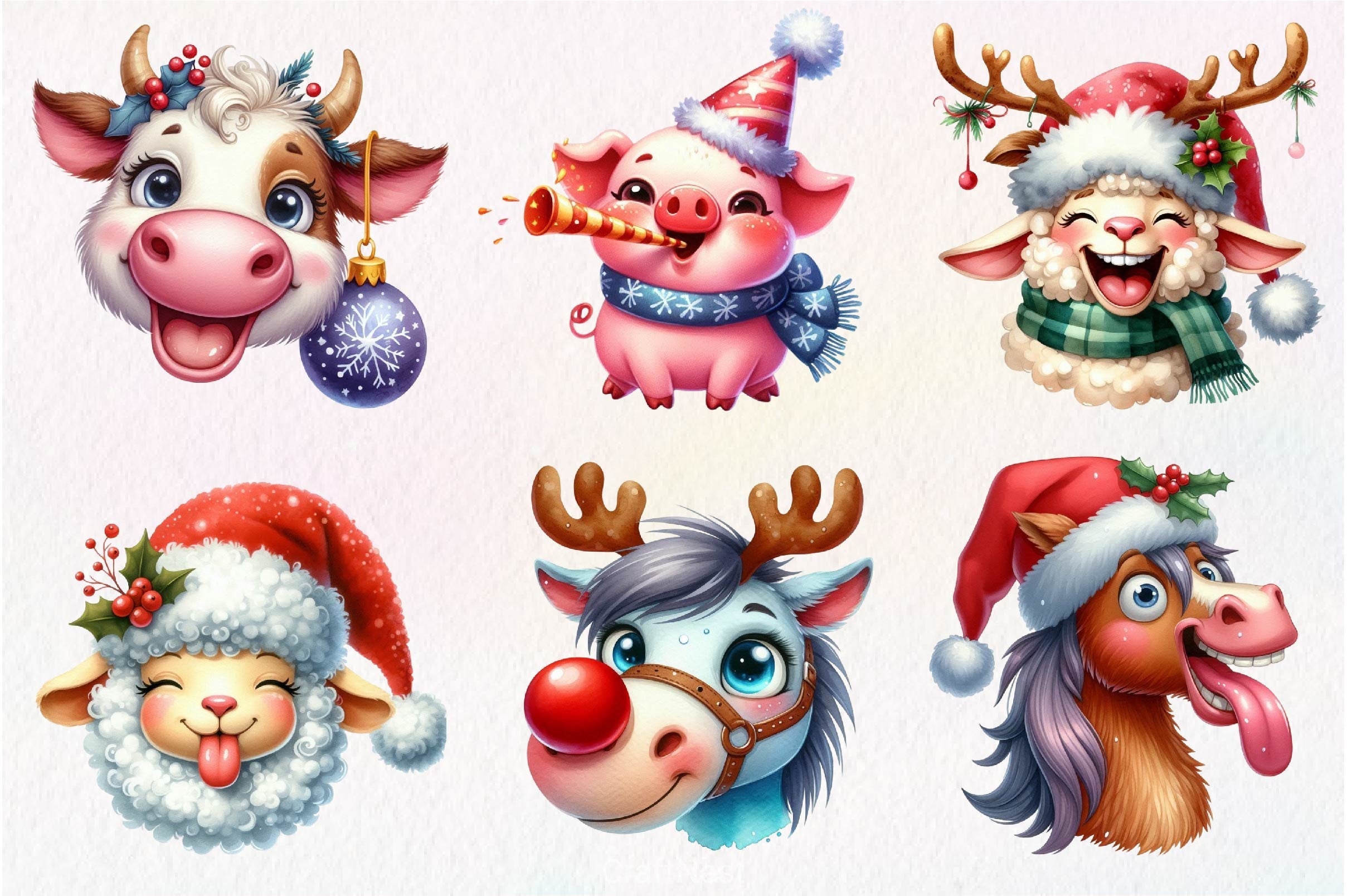 Funny Christmas Farm Animal Face Clipart Bundle