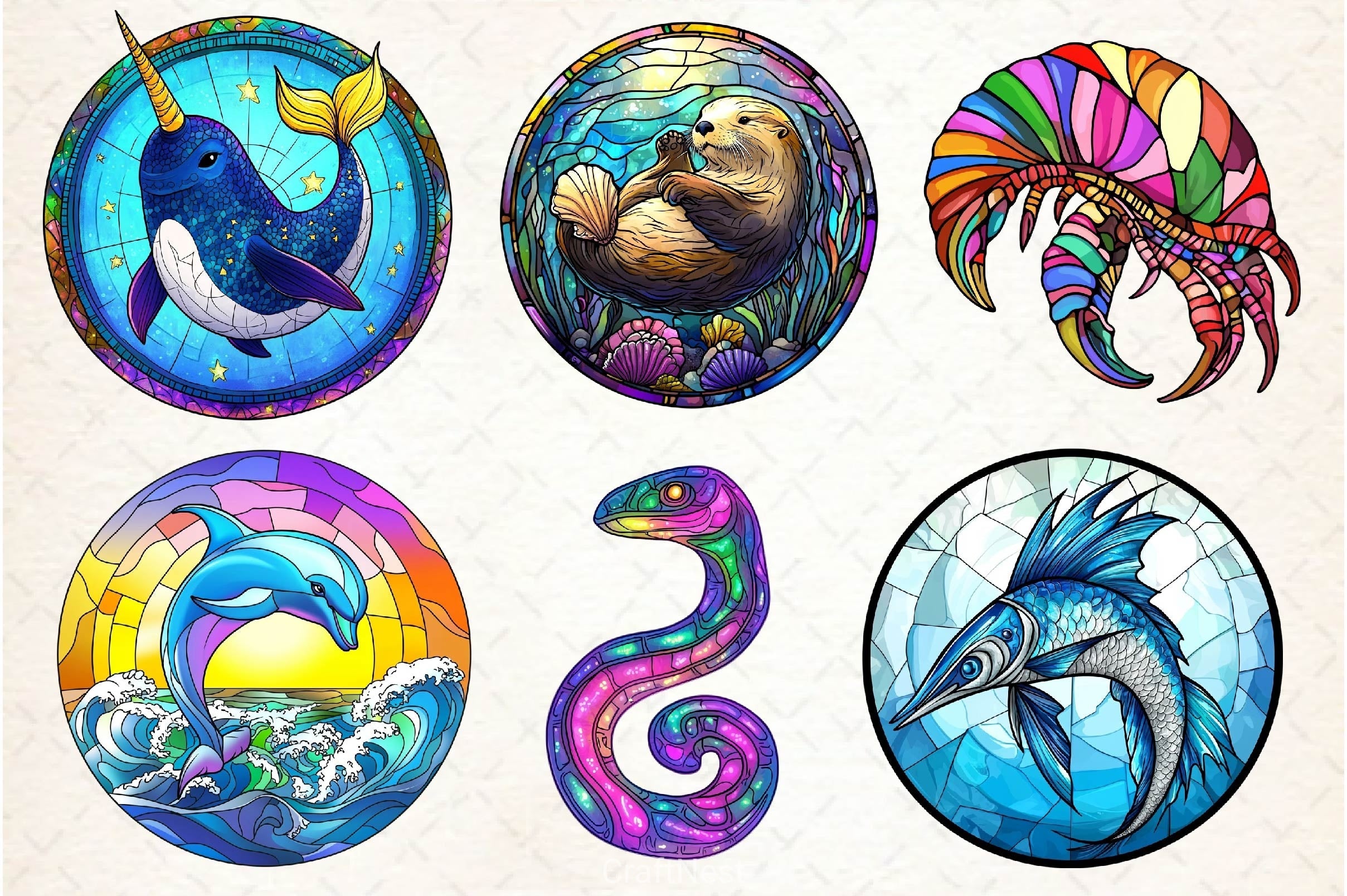Round Stained Glass Sea Animals Clipart Bundle