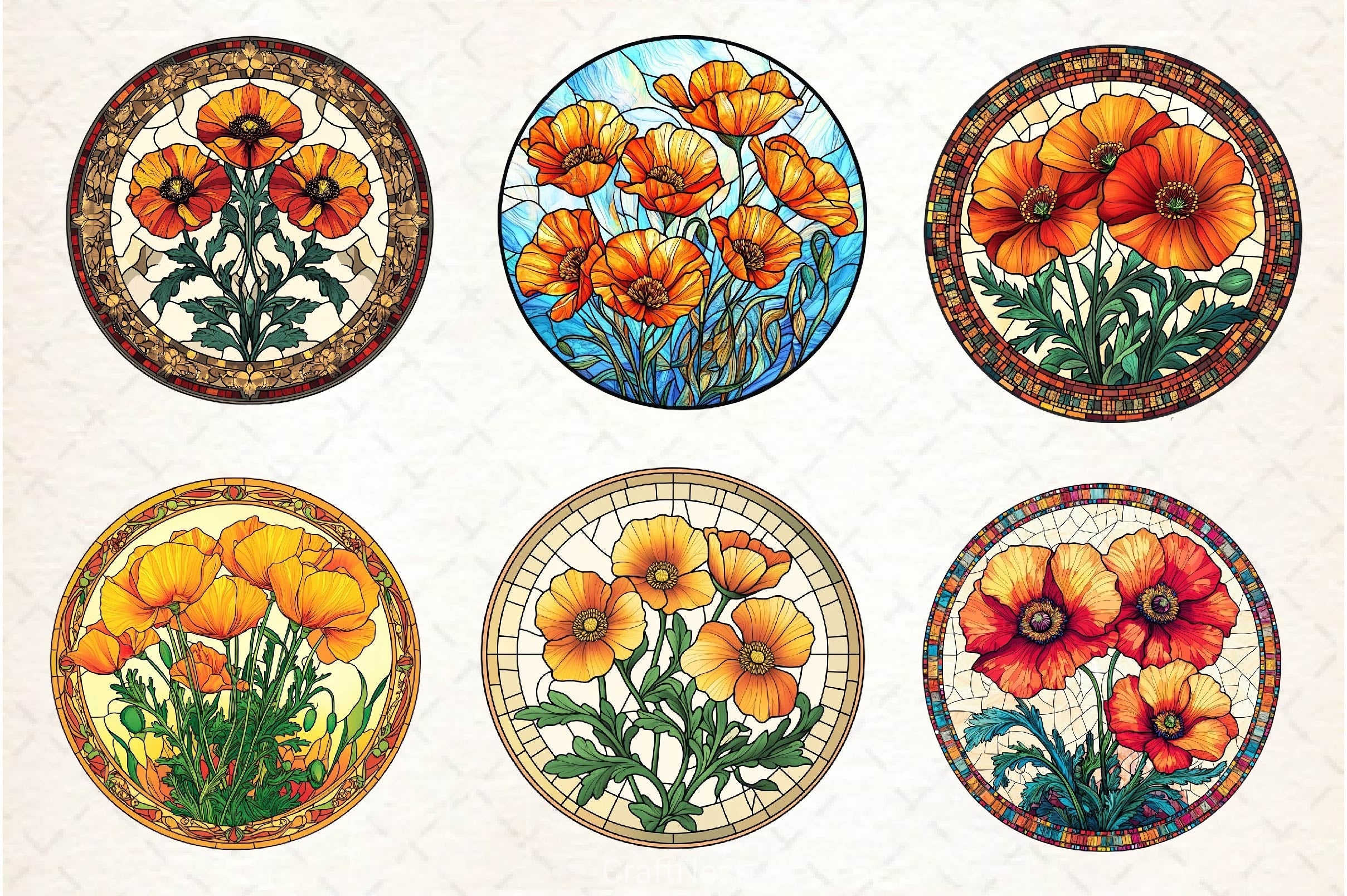 Stained Glass California Poppies Clipart Bundle