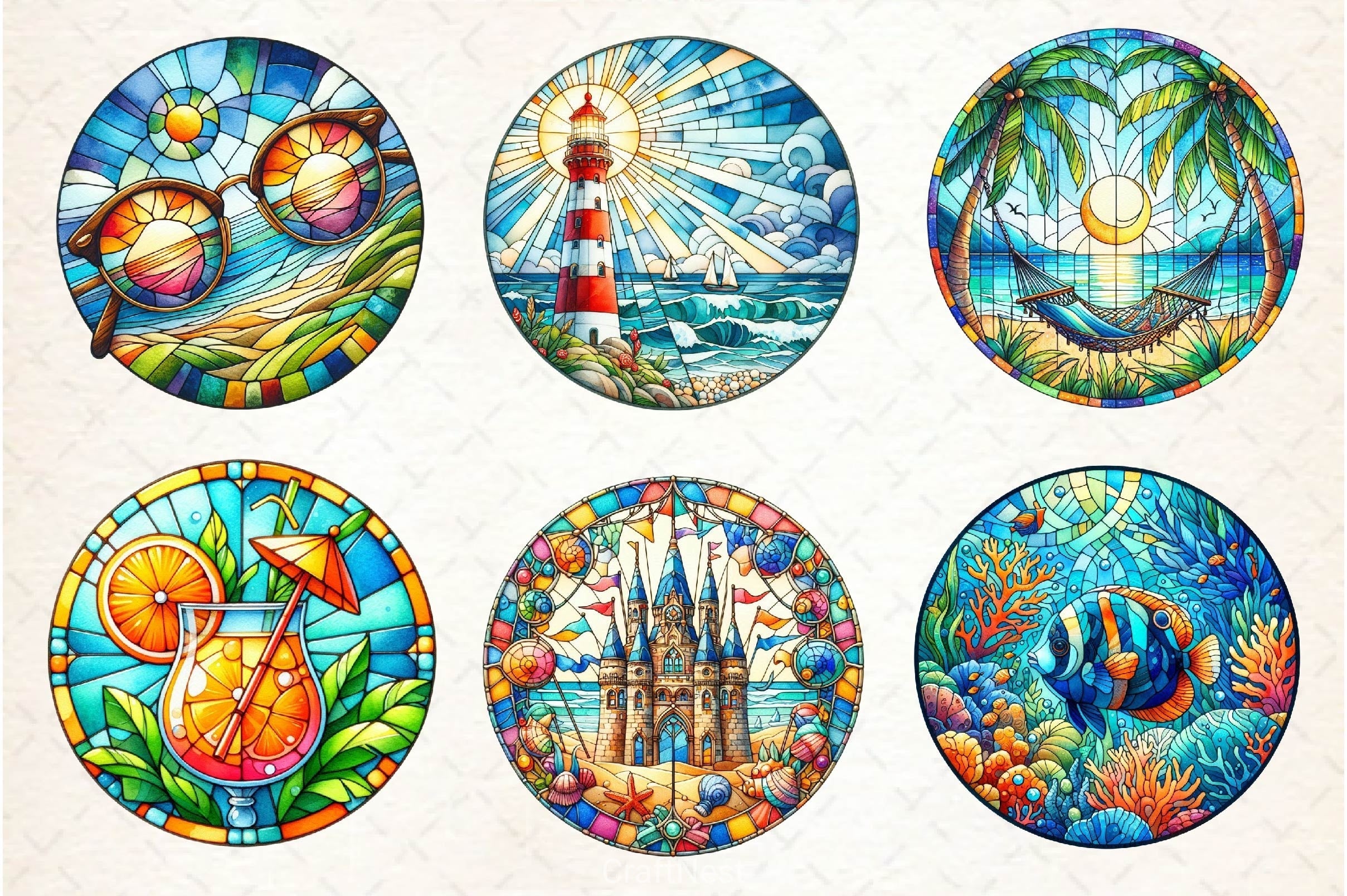 Round Stained Glass Summer Clipart Bundle 6