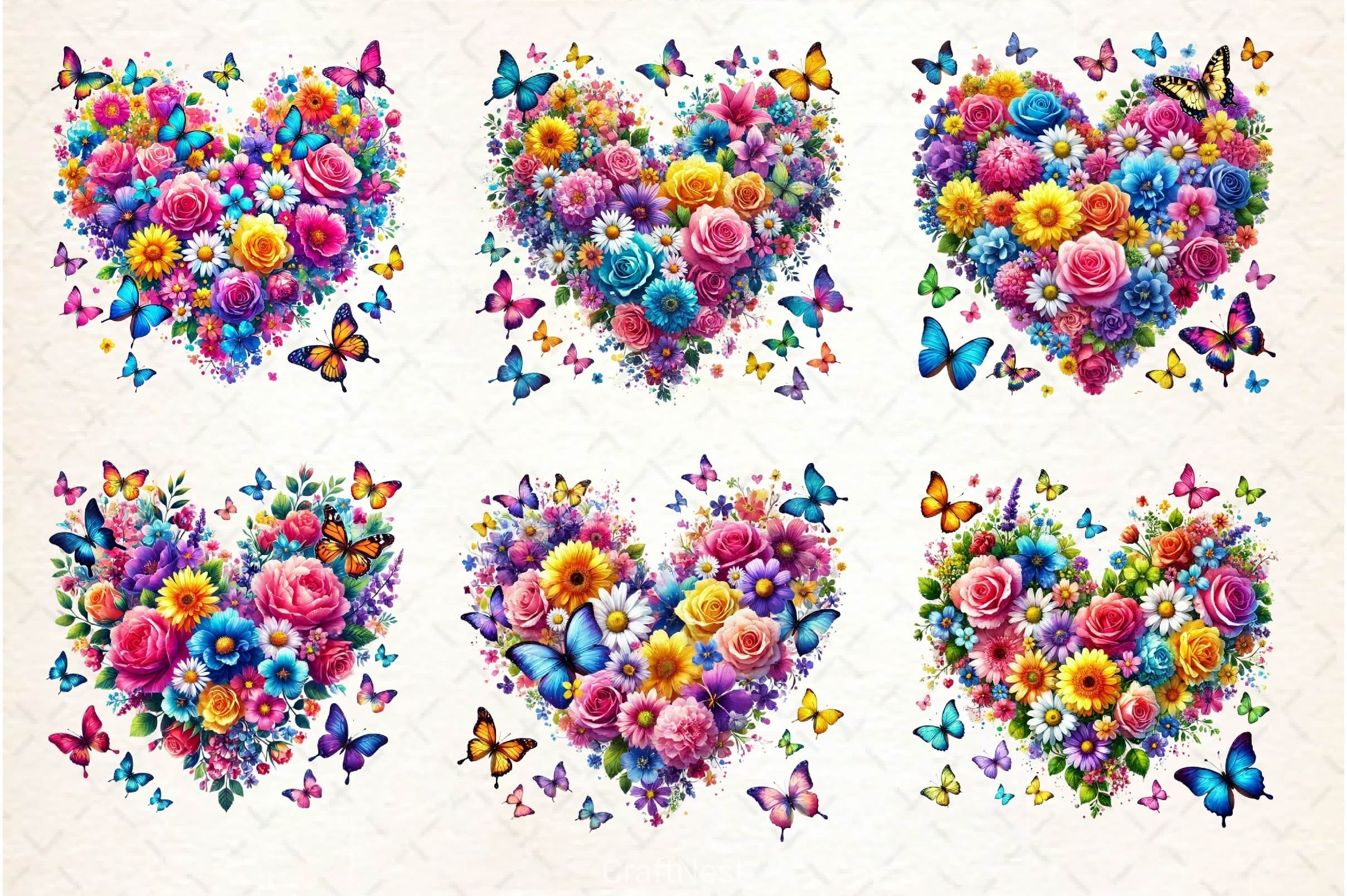 Spring Flowers Heart With Butterflies Clipart Bundle