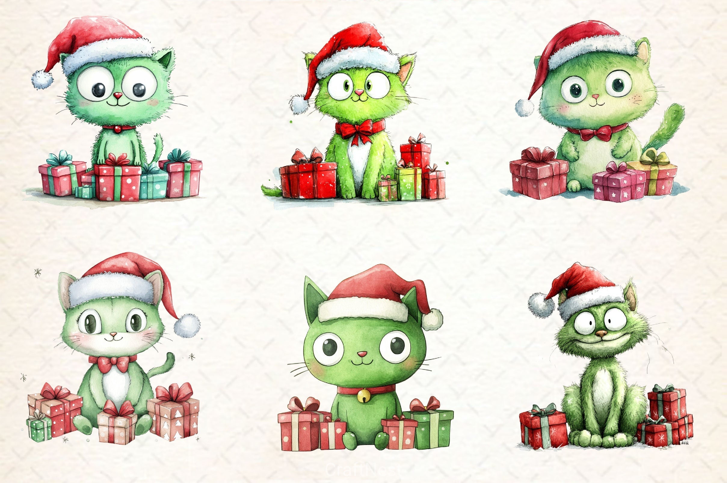 Christmas Green Cat Clipart Bundle