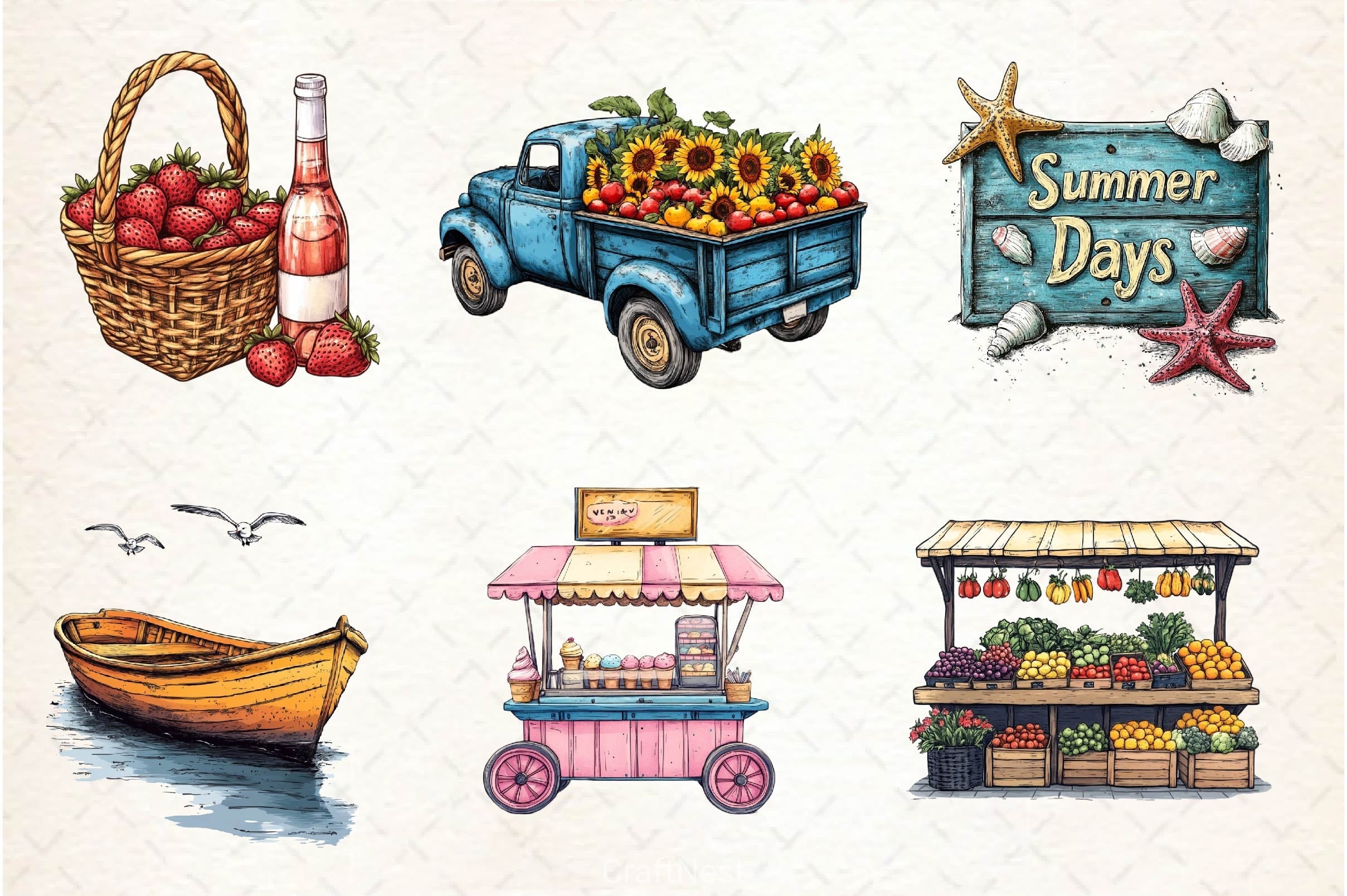 Vintage Summer Decorations Clipart Bundle 3
