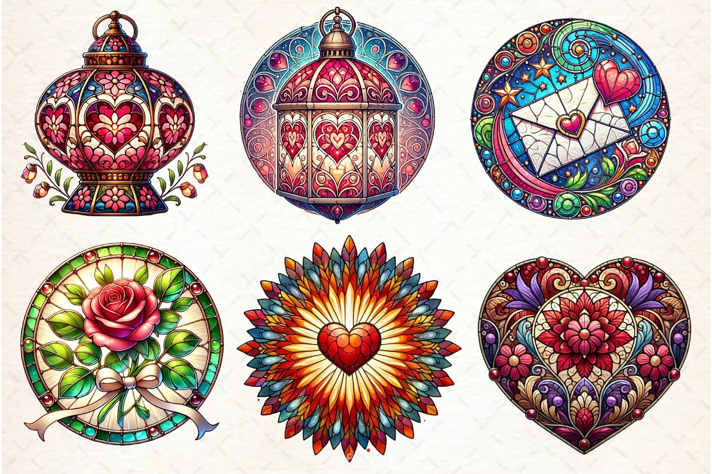 Valentines Day Stained Glass Clipart Bundle