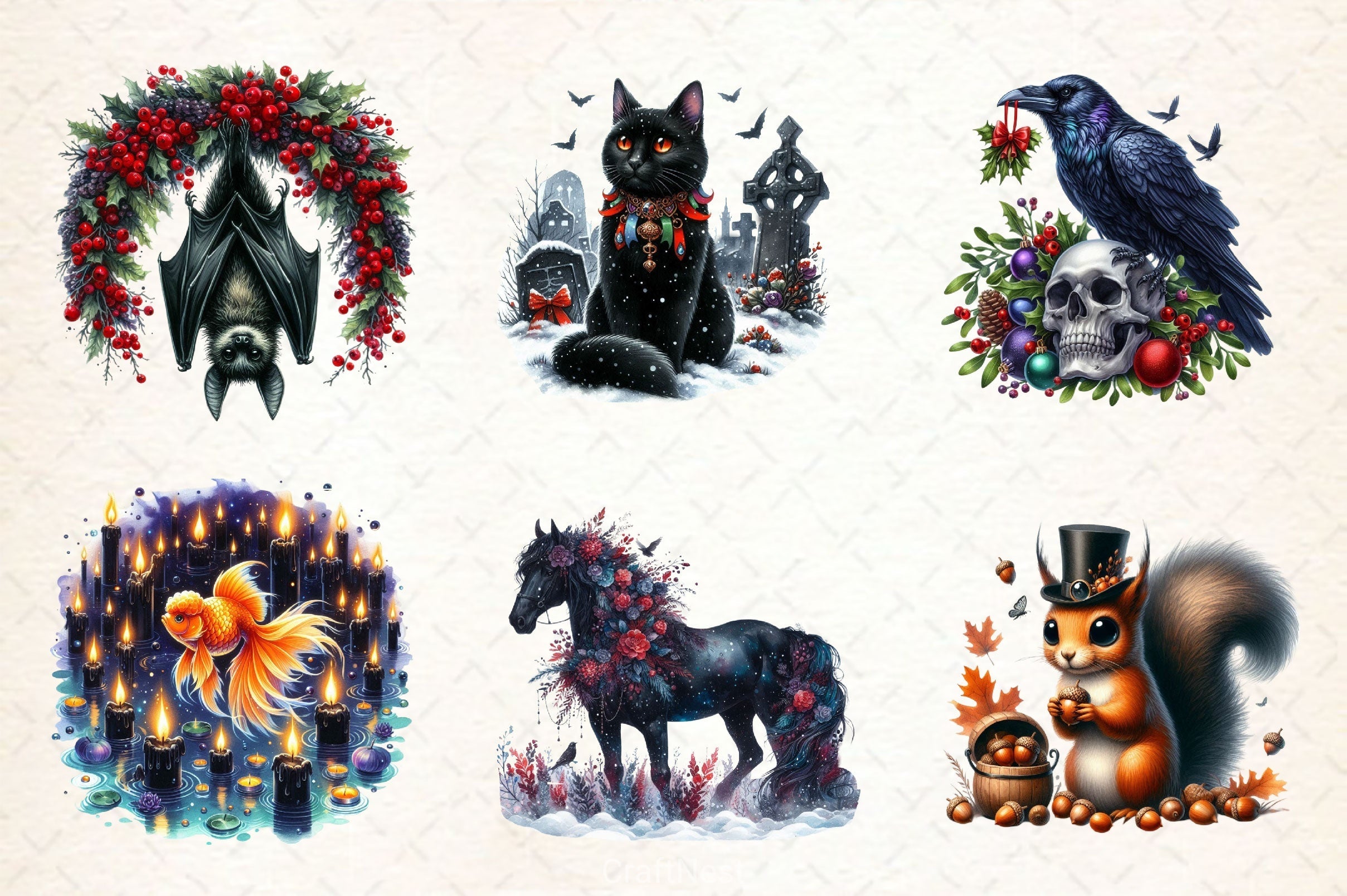 Christmas Gothic Animals Clipart Bundle 2