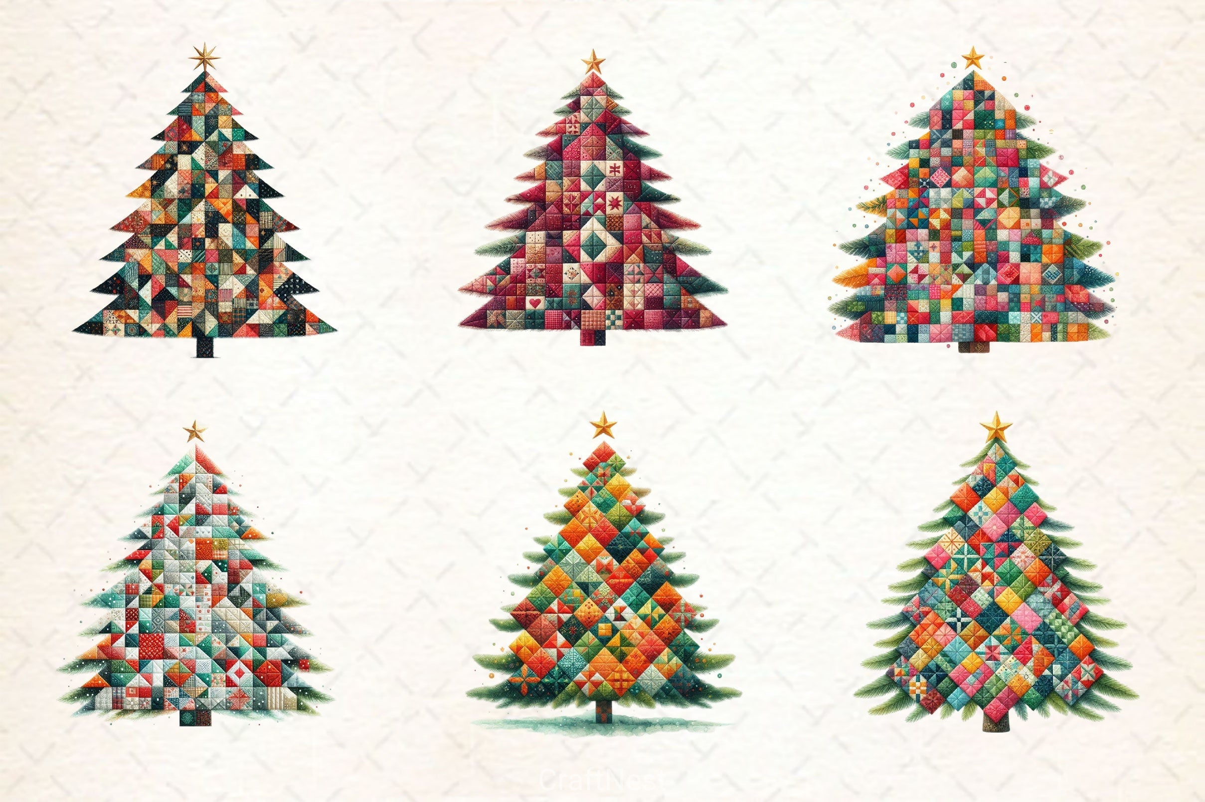 Quilted Christmas Tree Border Clipart Bundle 2