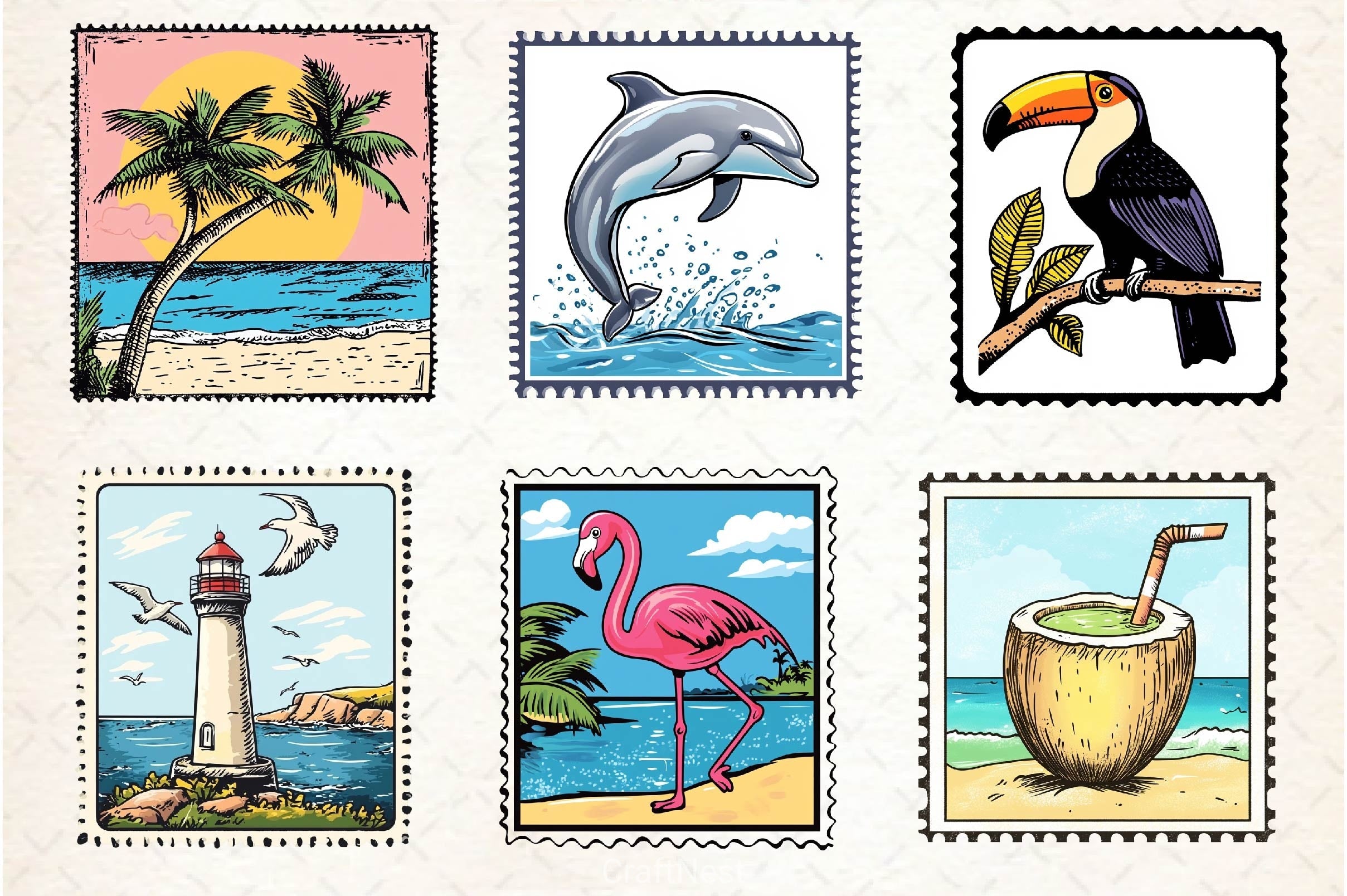 Summer Postage Stamp Clipart Bundle 2