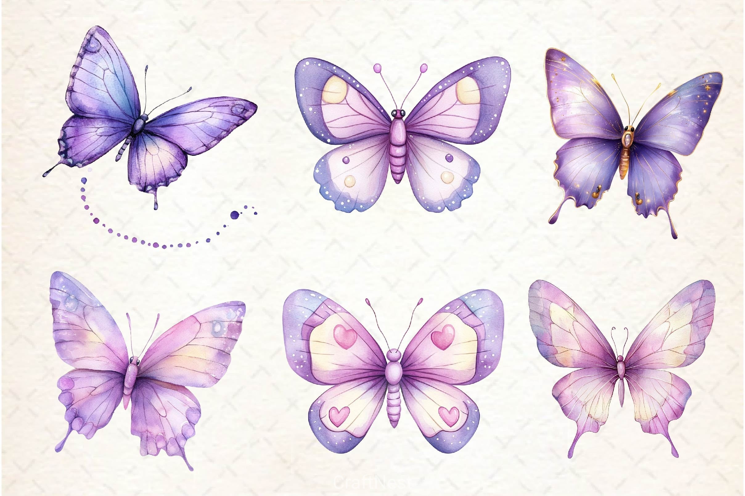 Pastel Purple Butterflies Clipart Bundle