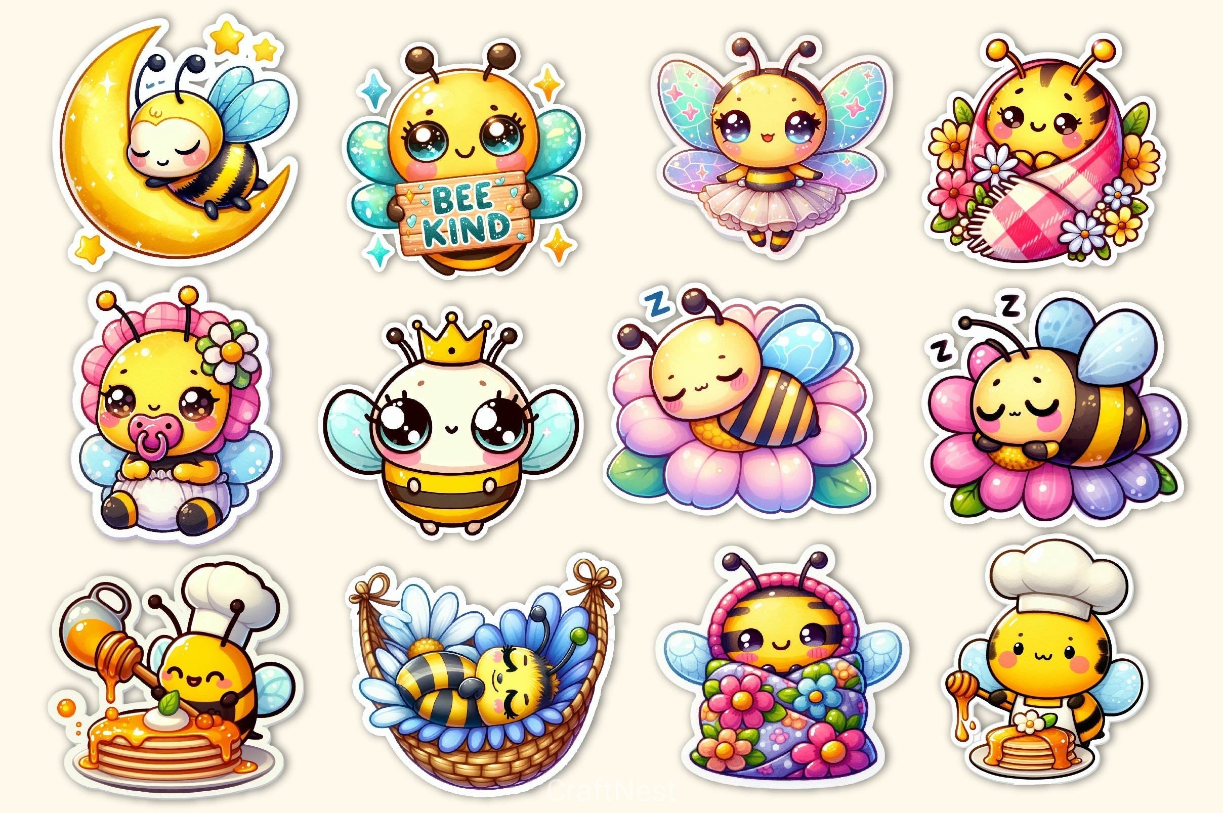 Kawaii Cute Bee Stickers Sticker Clipart Bundle