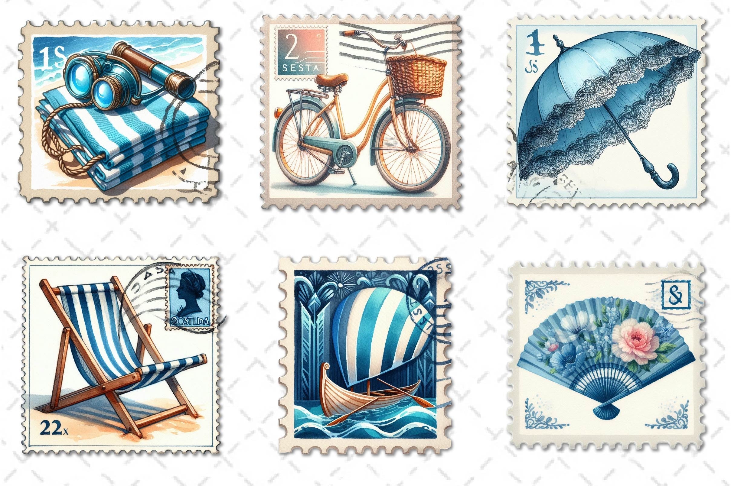 Blue Summer 1920 Postage Stamp Clipart Bundle