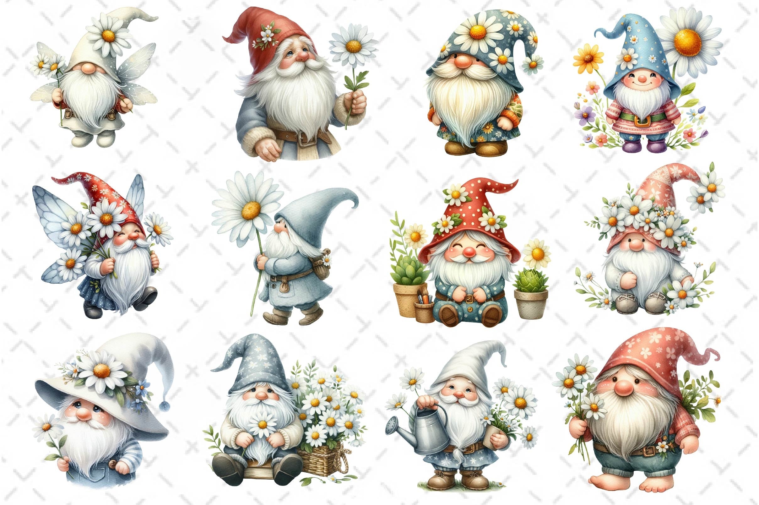 White Gnome Daisy Clipart Bundle 2