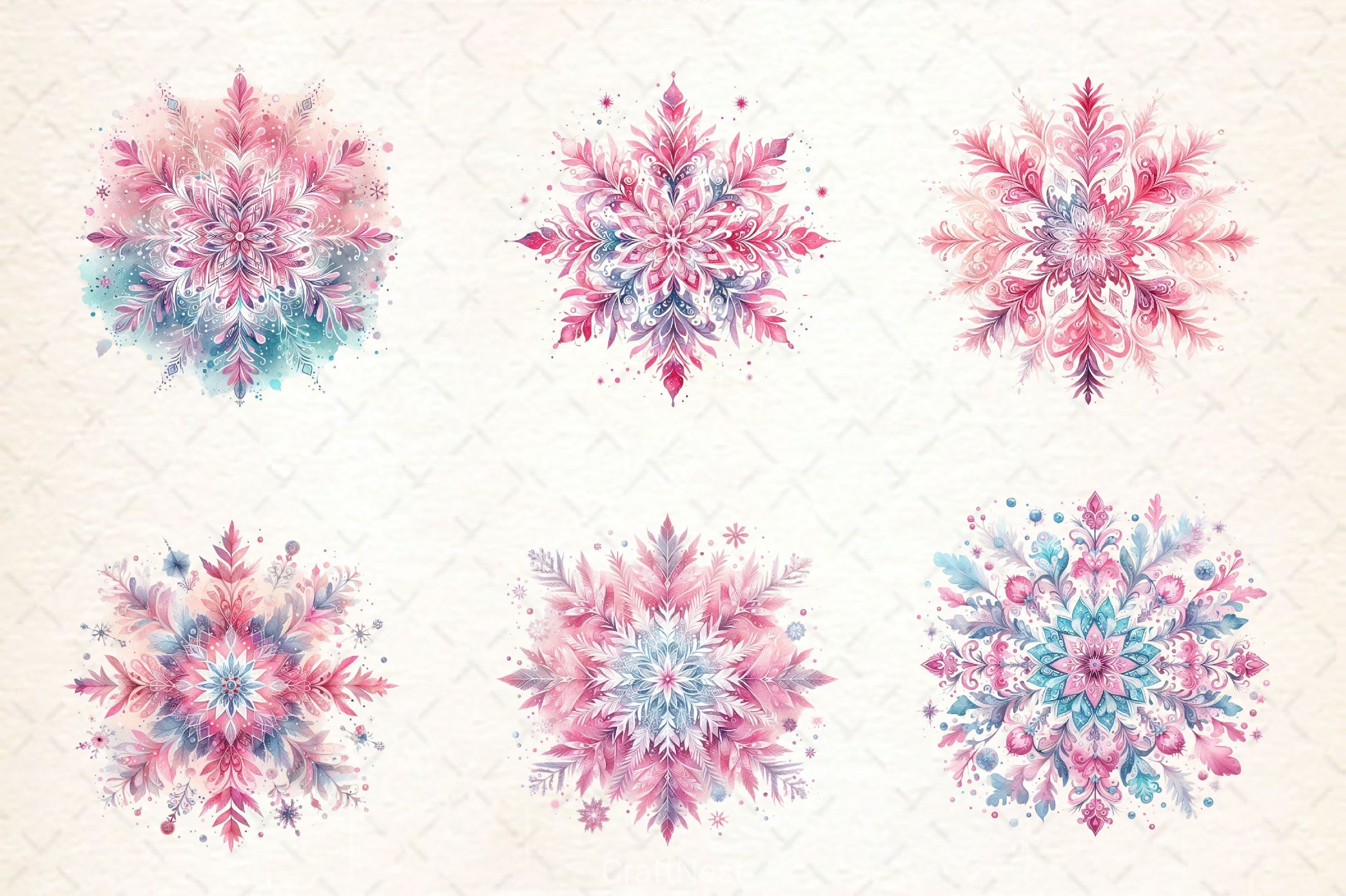 Pink Pastel Snowflake Clipart Bundle