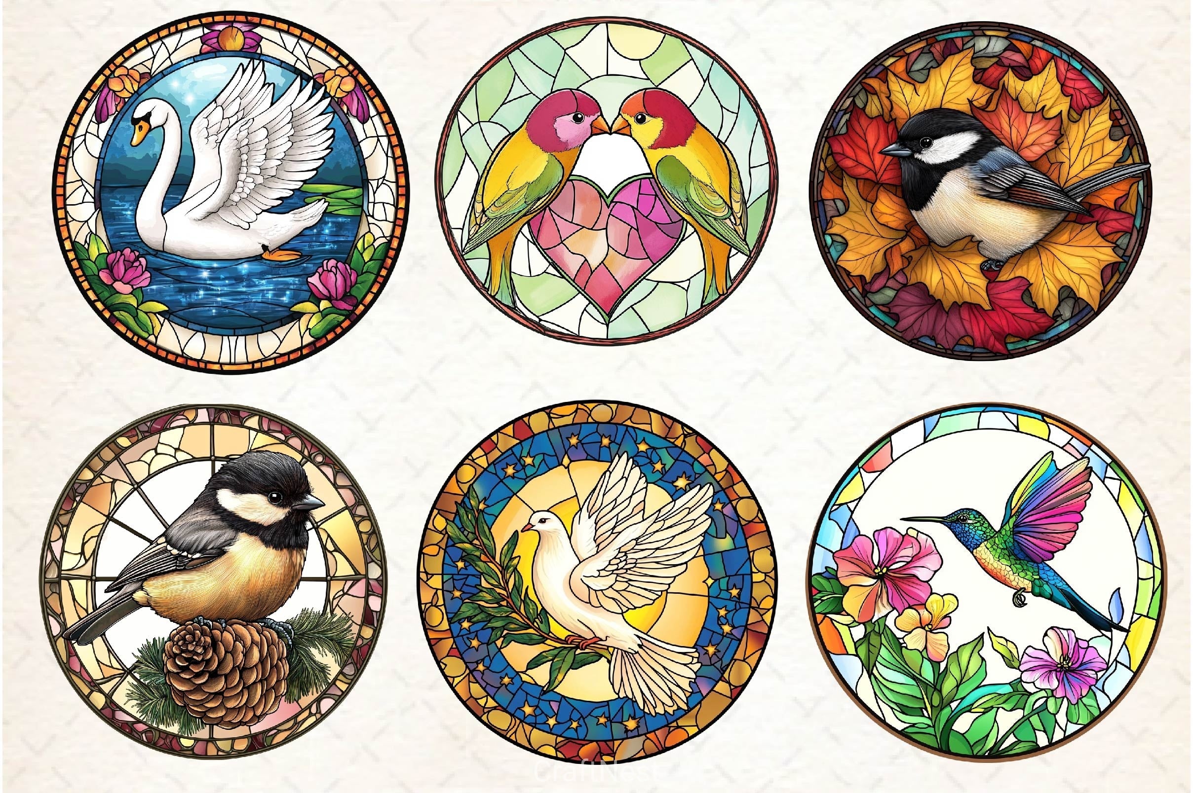Round Stained Glass Birds Clipart Bundle 3