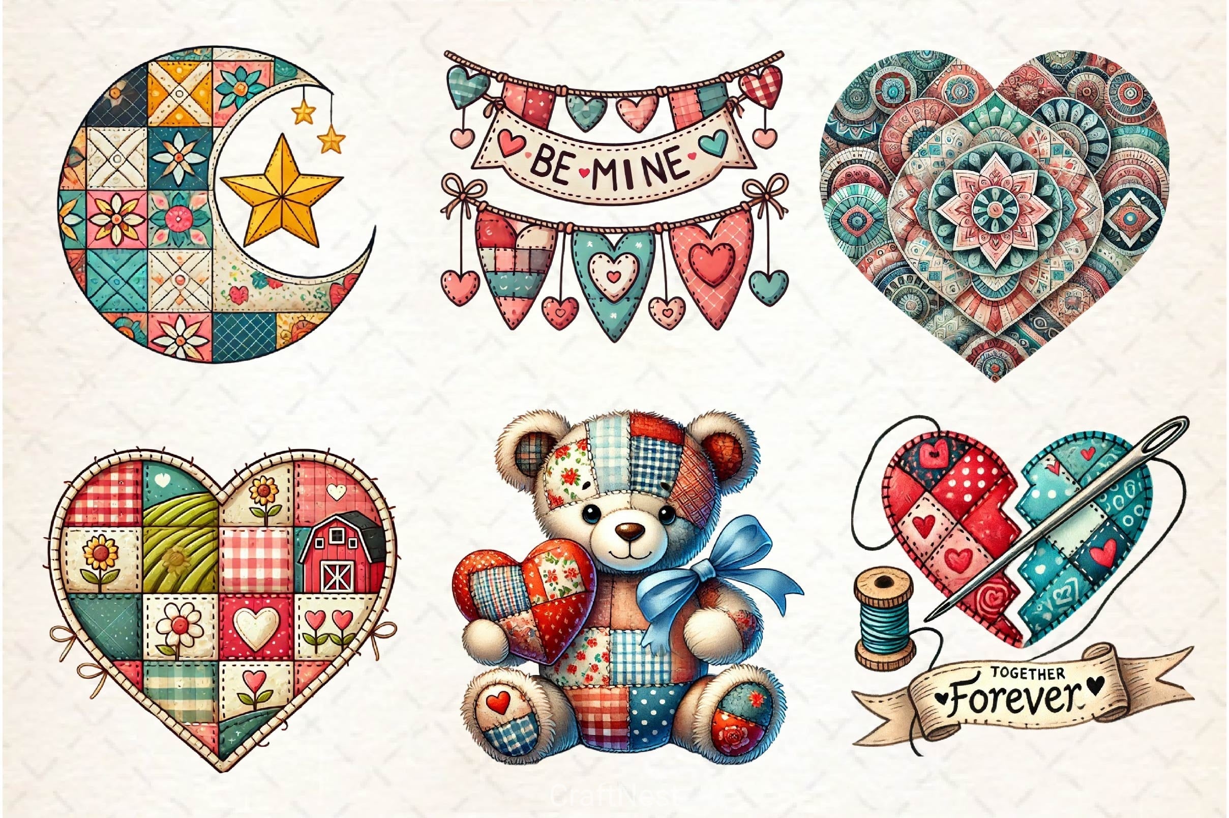 Patchwork Valentines Day Clipart Bundle 3