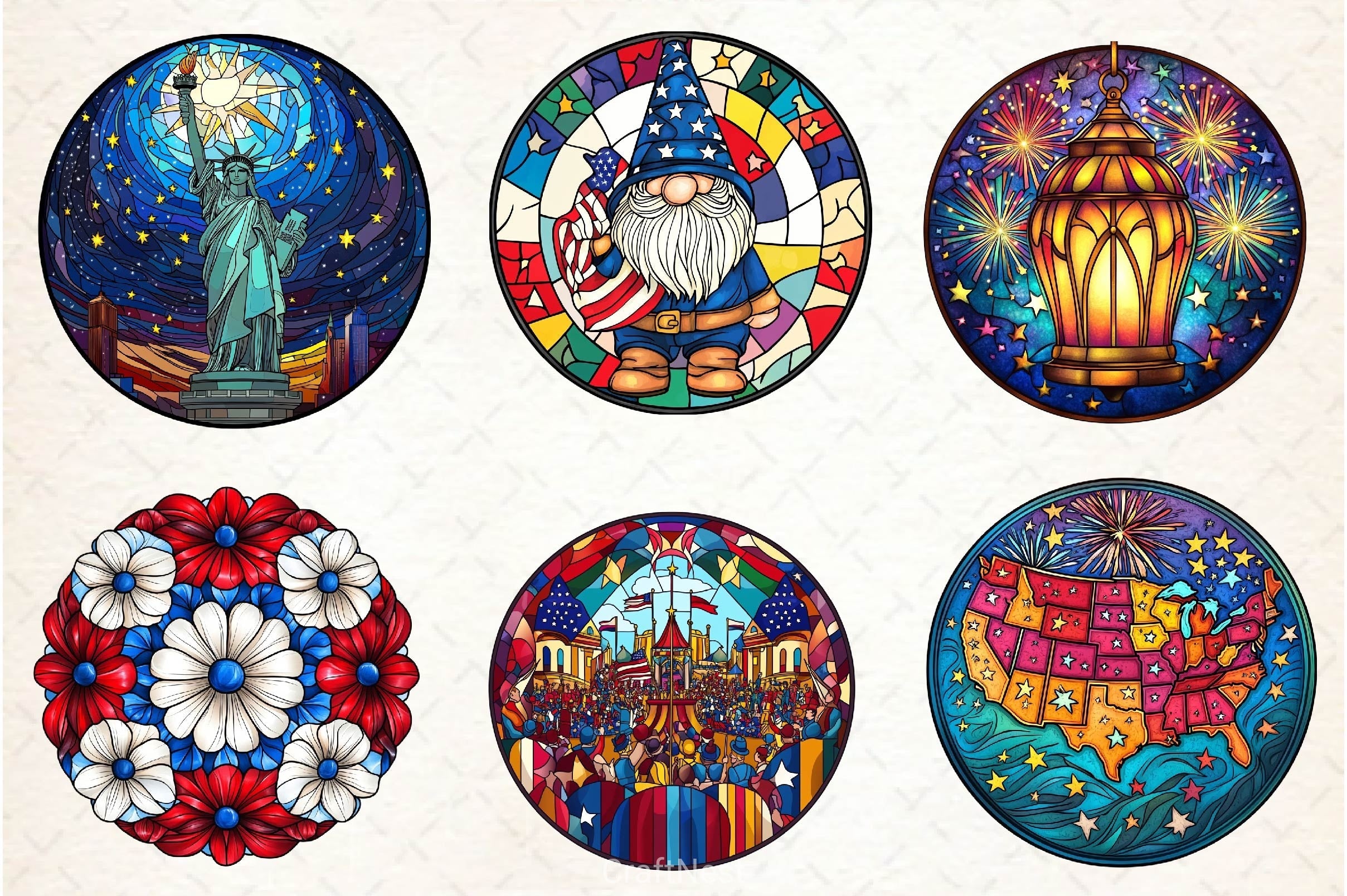 Round Stained Glass 4th Of July Clipart Bundle 3