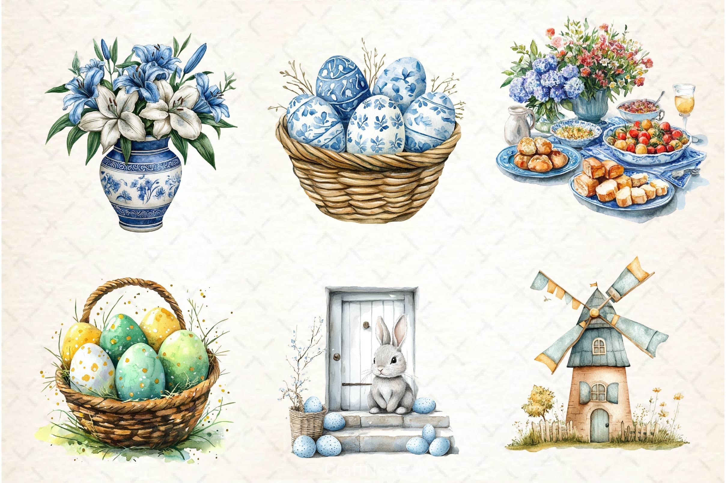 Blue Santorini Easter Day Clipart Bundle 4