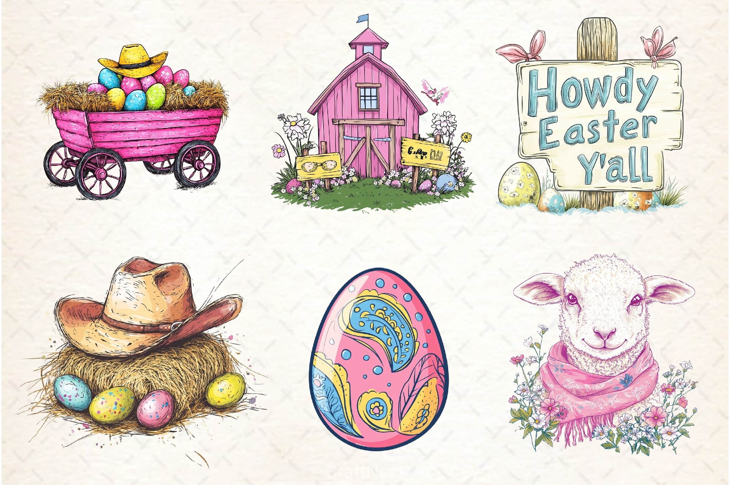 Vintage Pink Easter Western Clipart Bundle 2