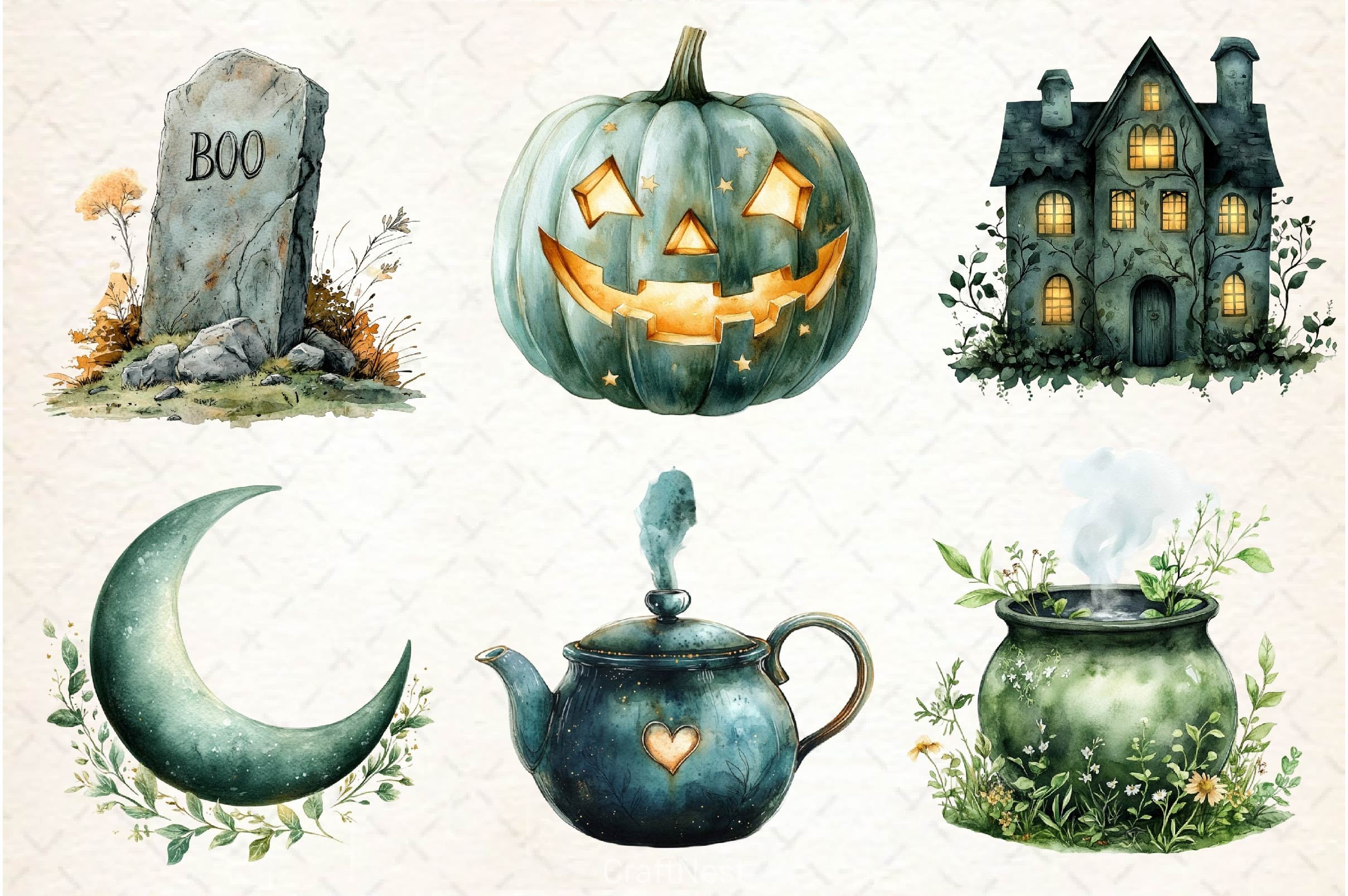Sage Green Halloween Clipart Bundle