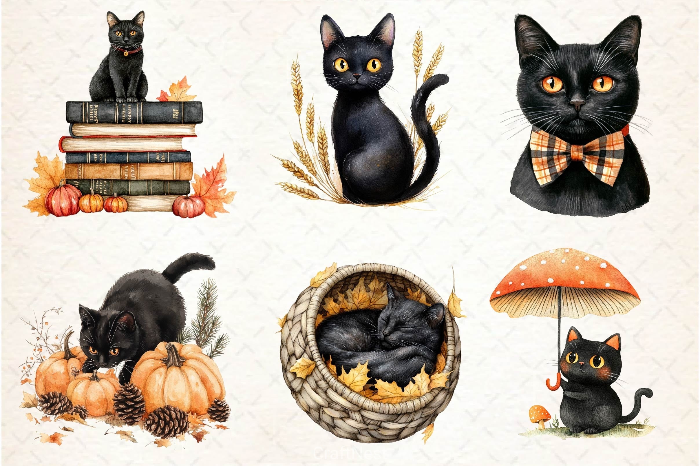 Fall Autumn Black Cat Clipart Bundle