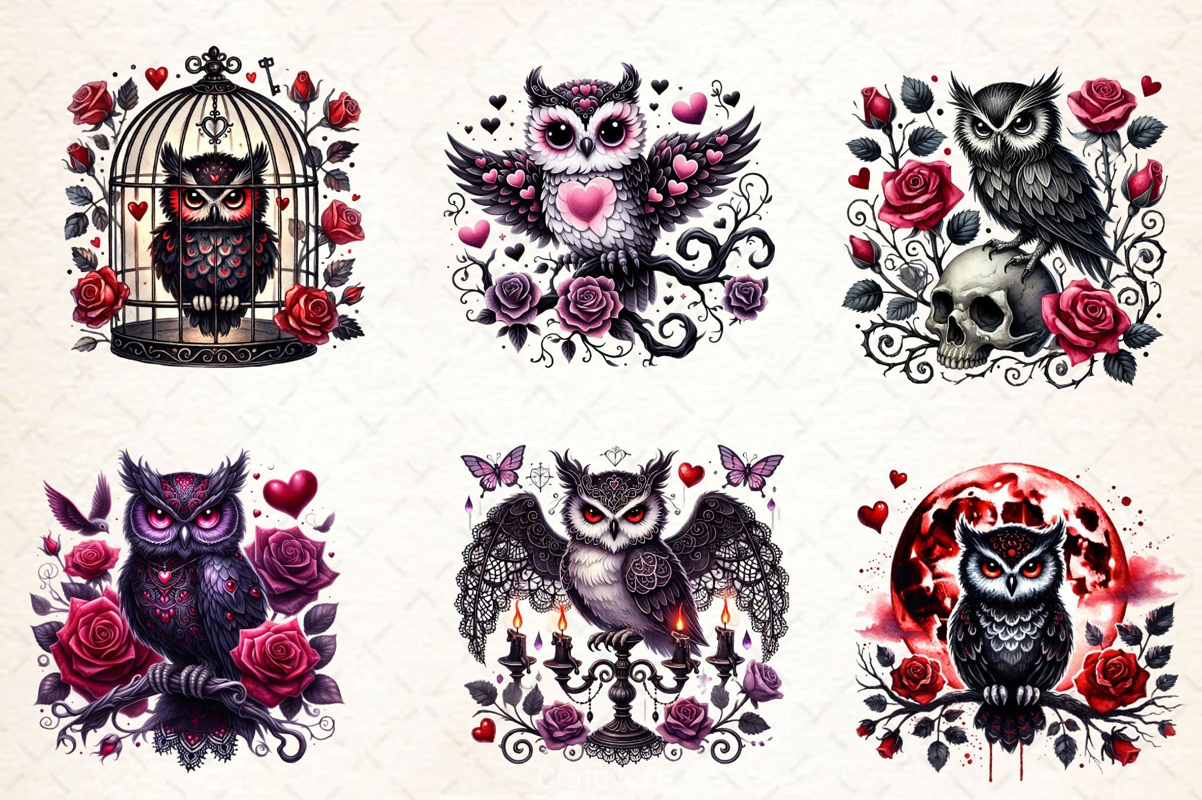 Valentine Gothic Owl Clipart Bundle