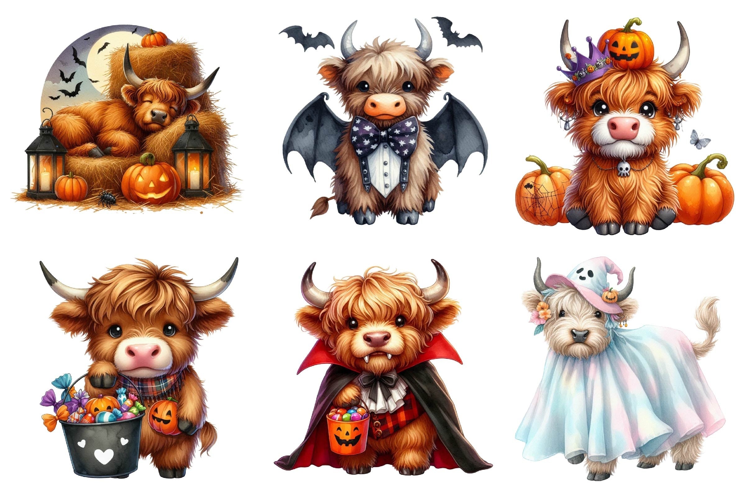 Cute Halloween Highland Cow Clipart Bundle 3