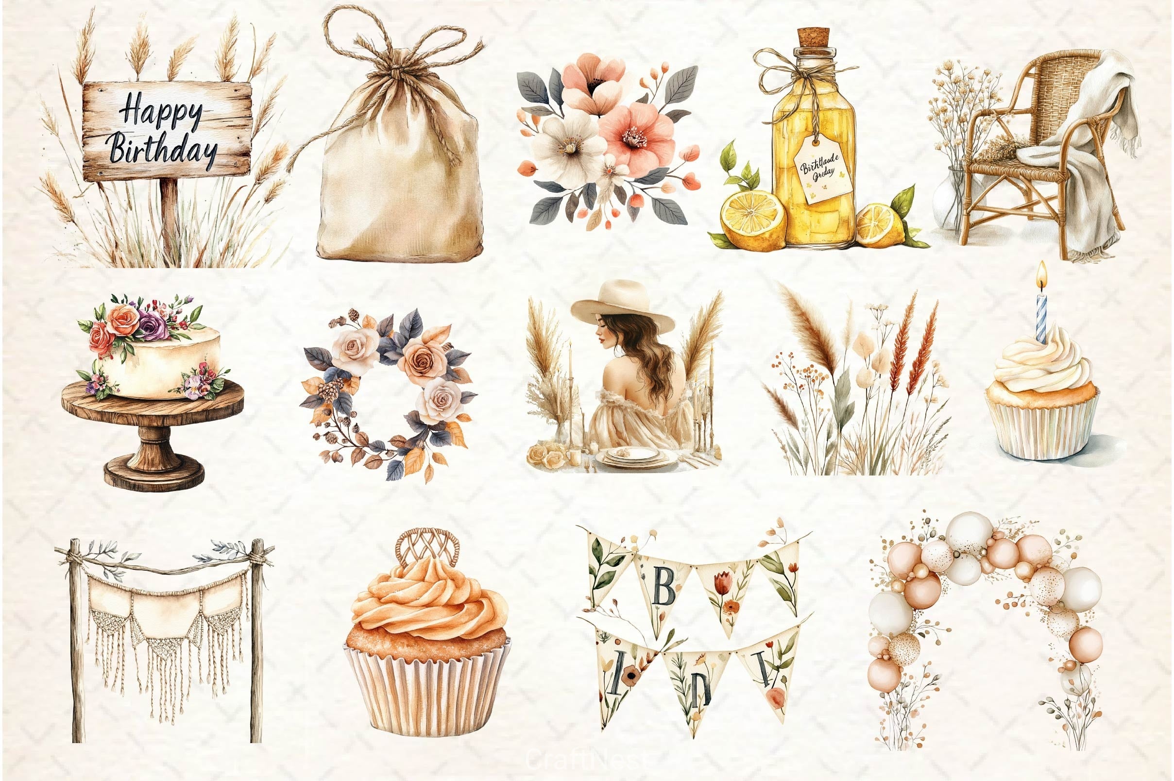 Boho Beige Birthday Clipart Bundle