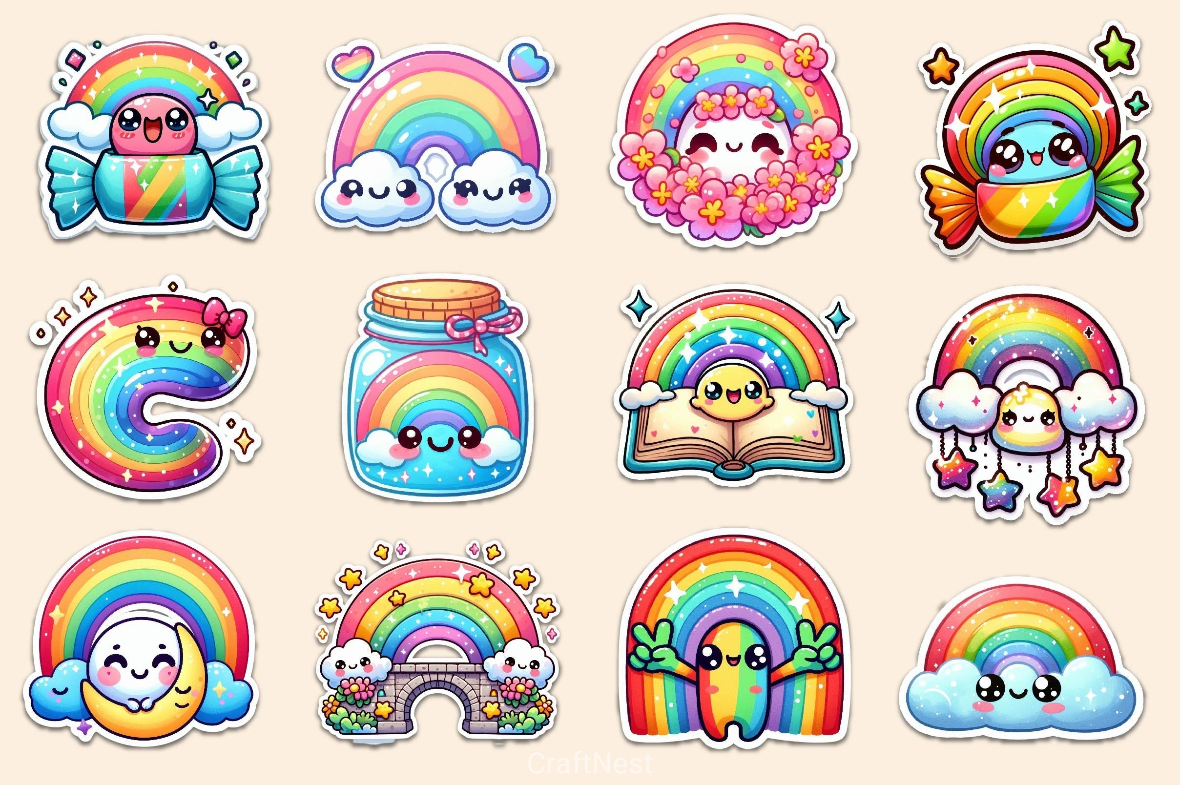 Kawaii Rainbow Stickers Sticker Clipart Bundle