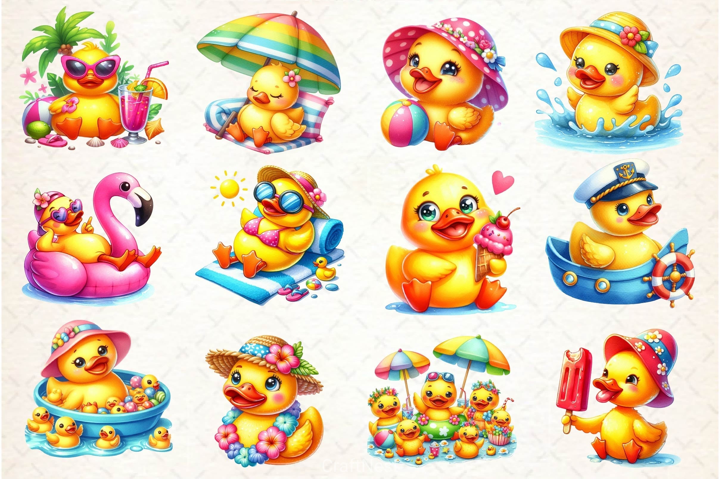 Cute Summer Rubber Duck Clipart Bundle