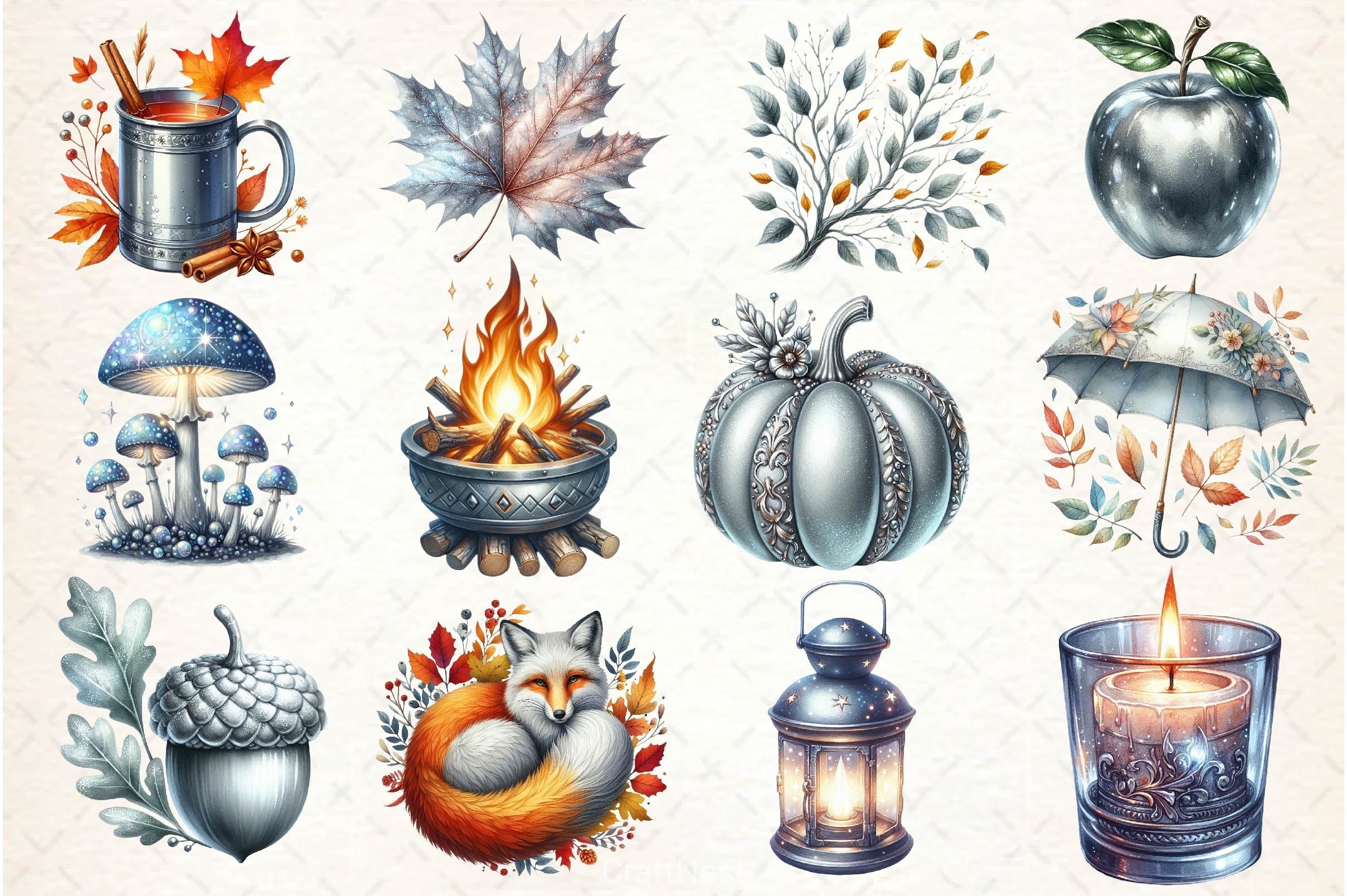 Silver Autumn Clipart Bundle 2