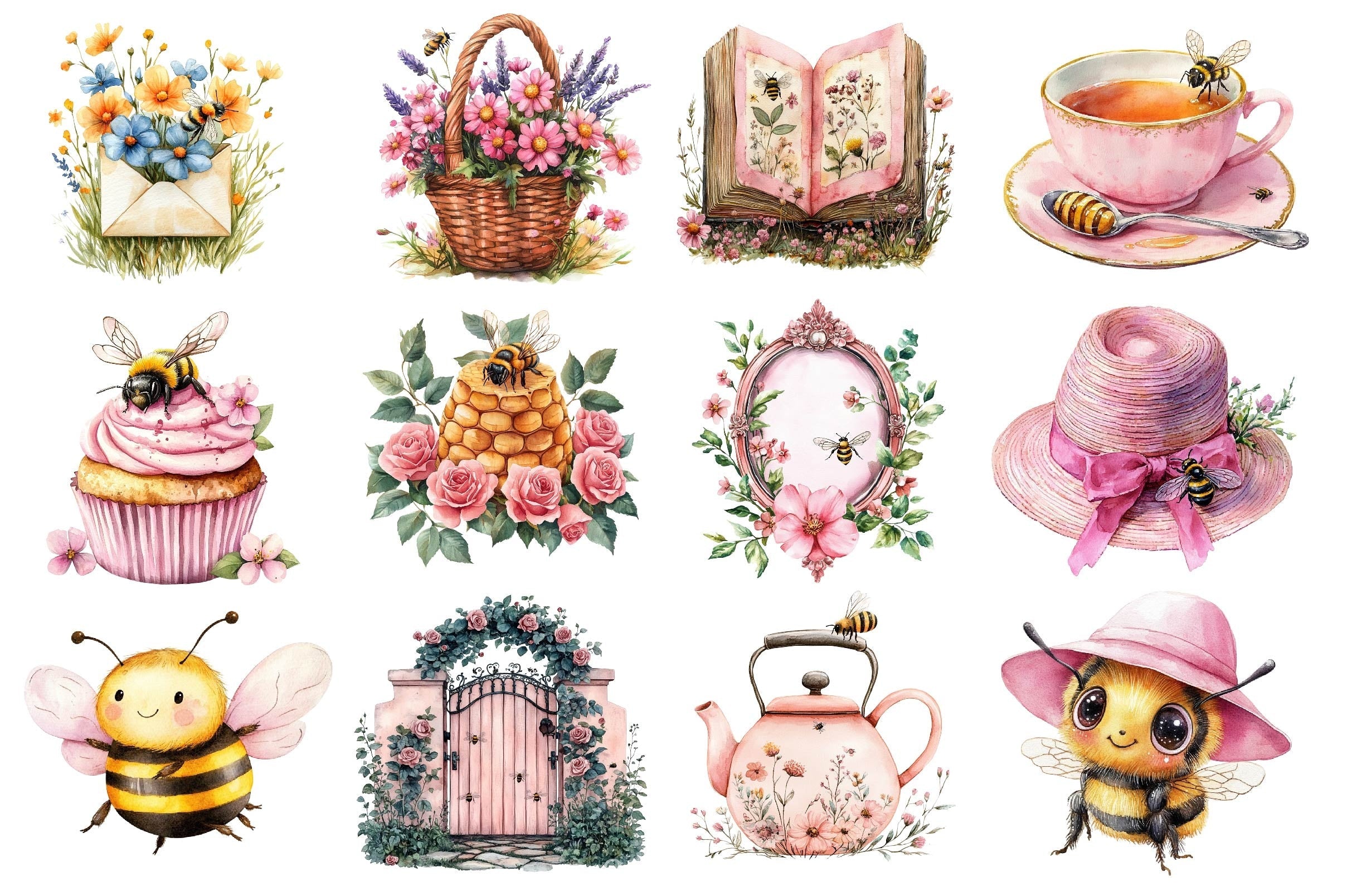 Pink Summer Bees Garden Clipart Bundle 2