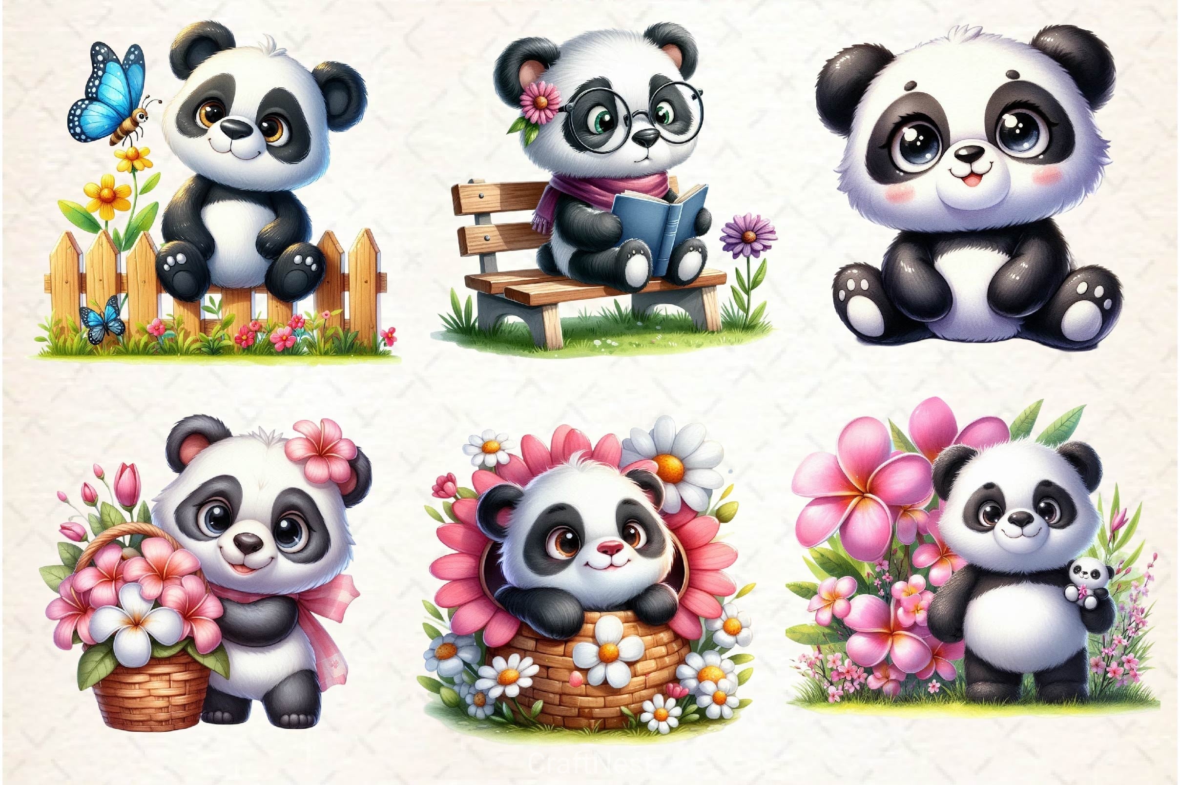 Spring Cute Panda Clipart Bundle