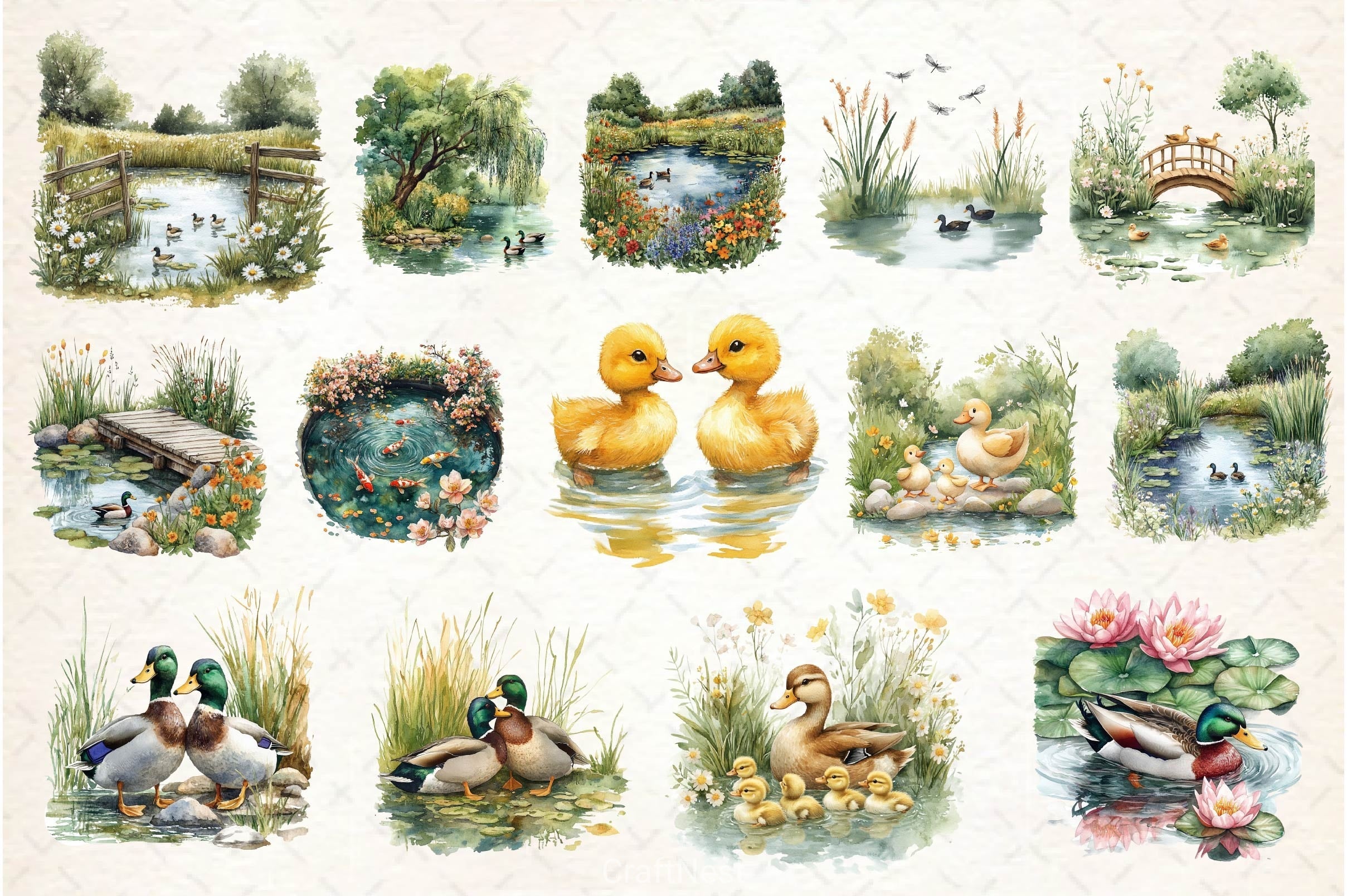 Springtime Duck Pond Clipart Bundle 2