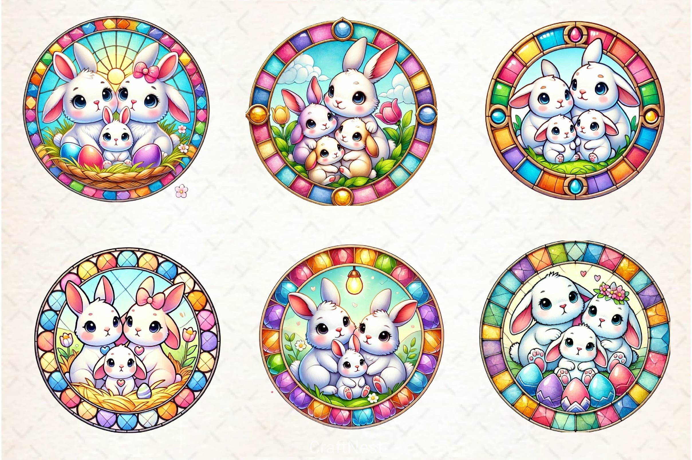 Easter Stained Glass Family Bunny Clipart Bundle