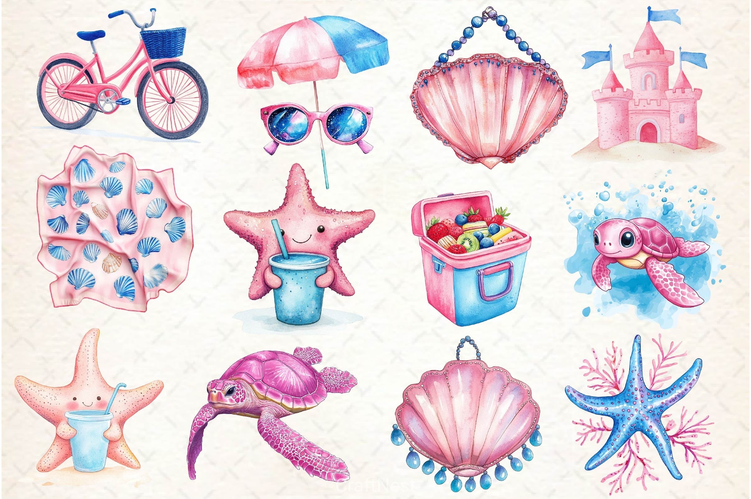Summer Pink Blue Coastal Clipart Bundle 2