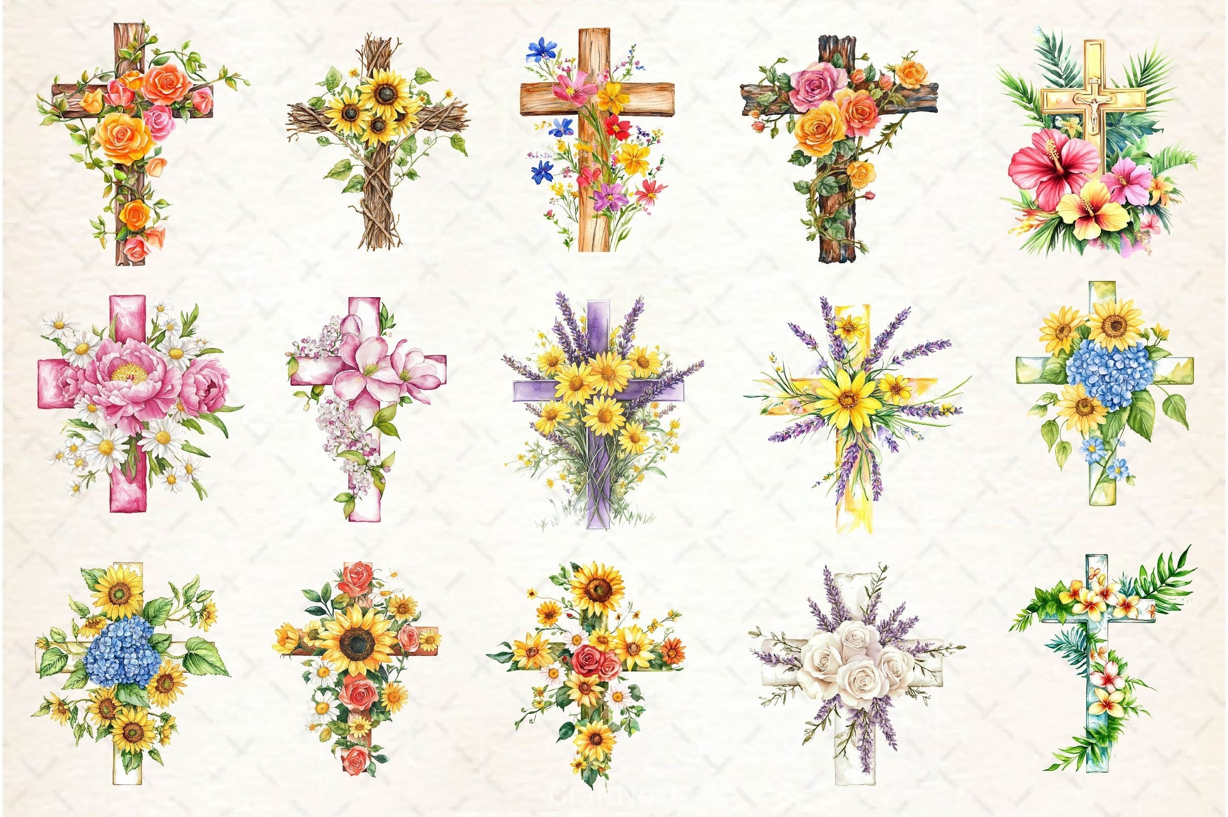 Summer Floral Cross Clipart Bundle
