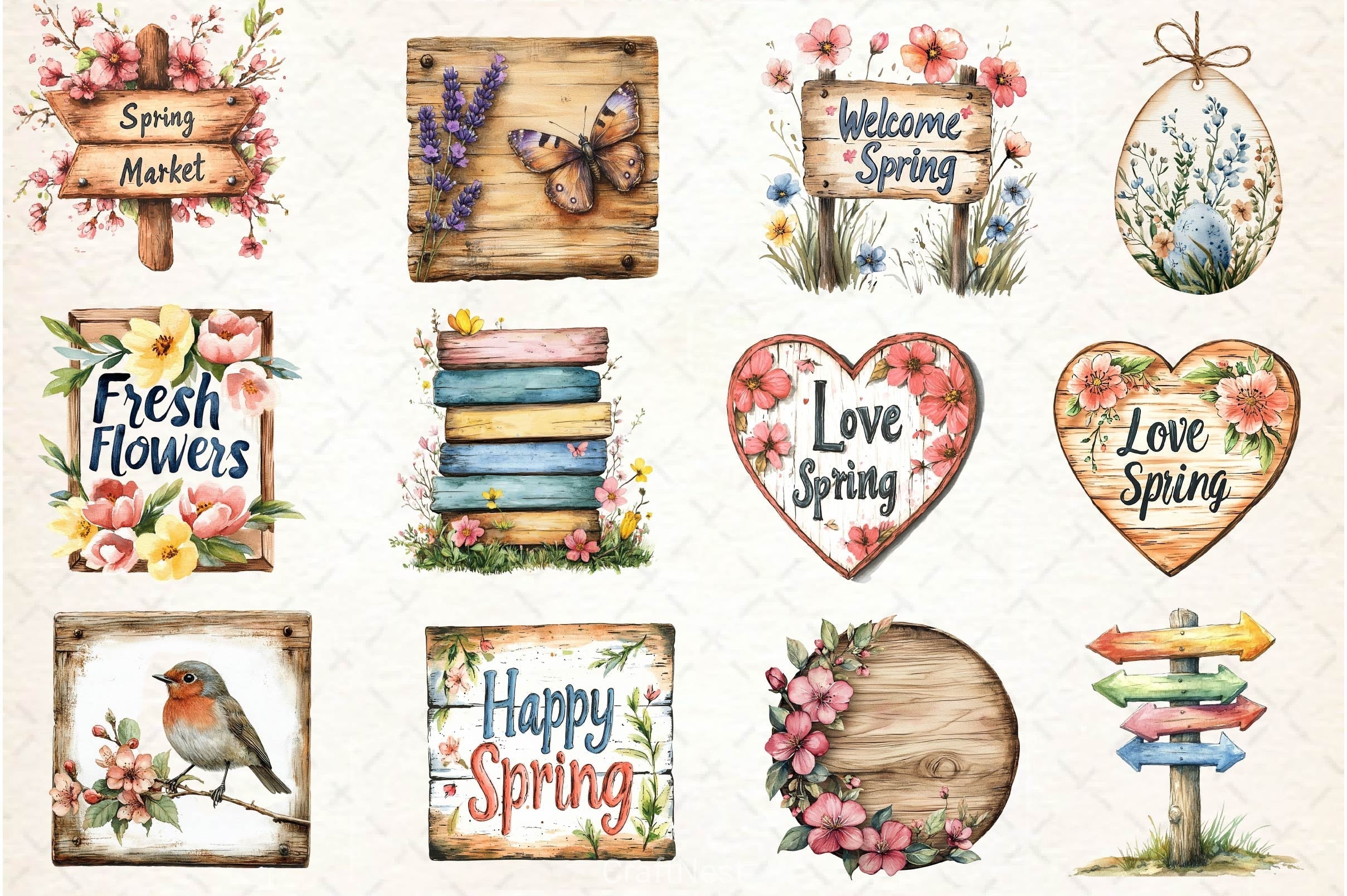 Spring Wooden Signs Clipart Bundle