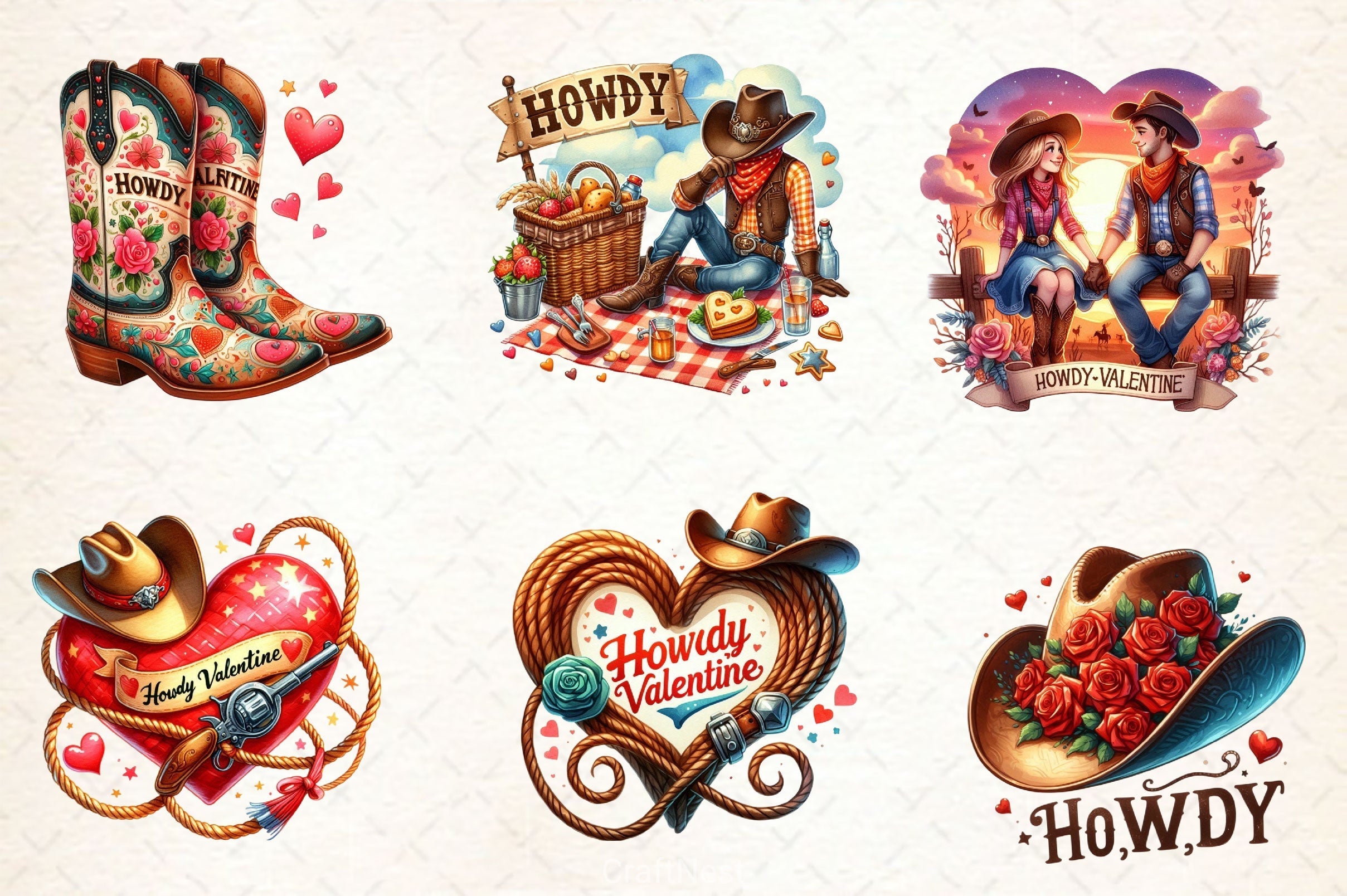 Retro Howdy Western Valentines Day Clipart Bundle 4