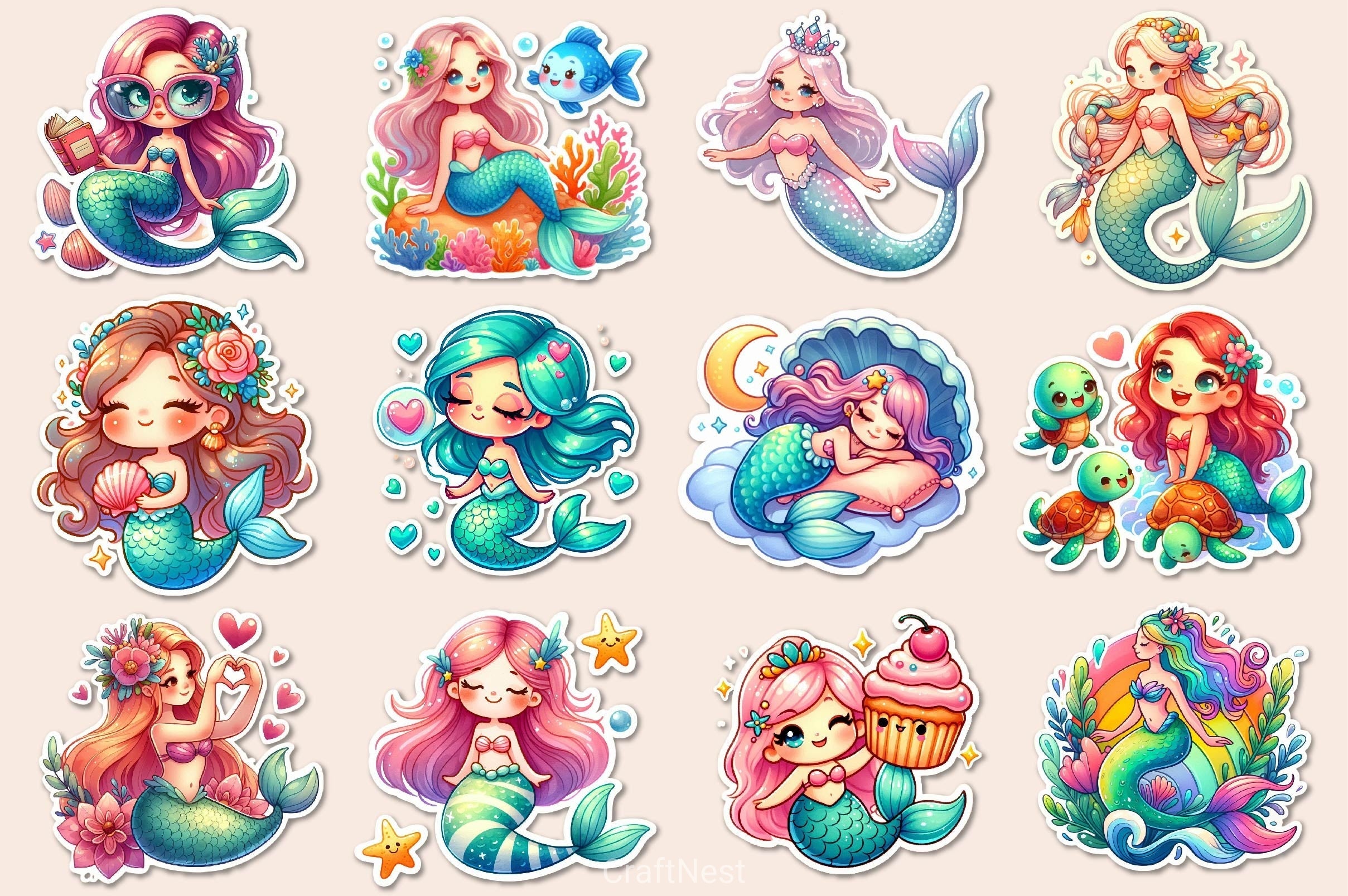 Kawaii Mermaid Clipart Bundle