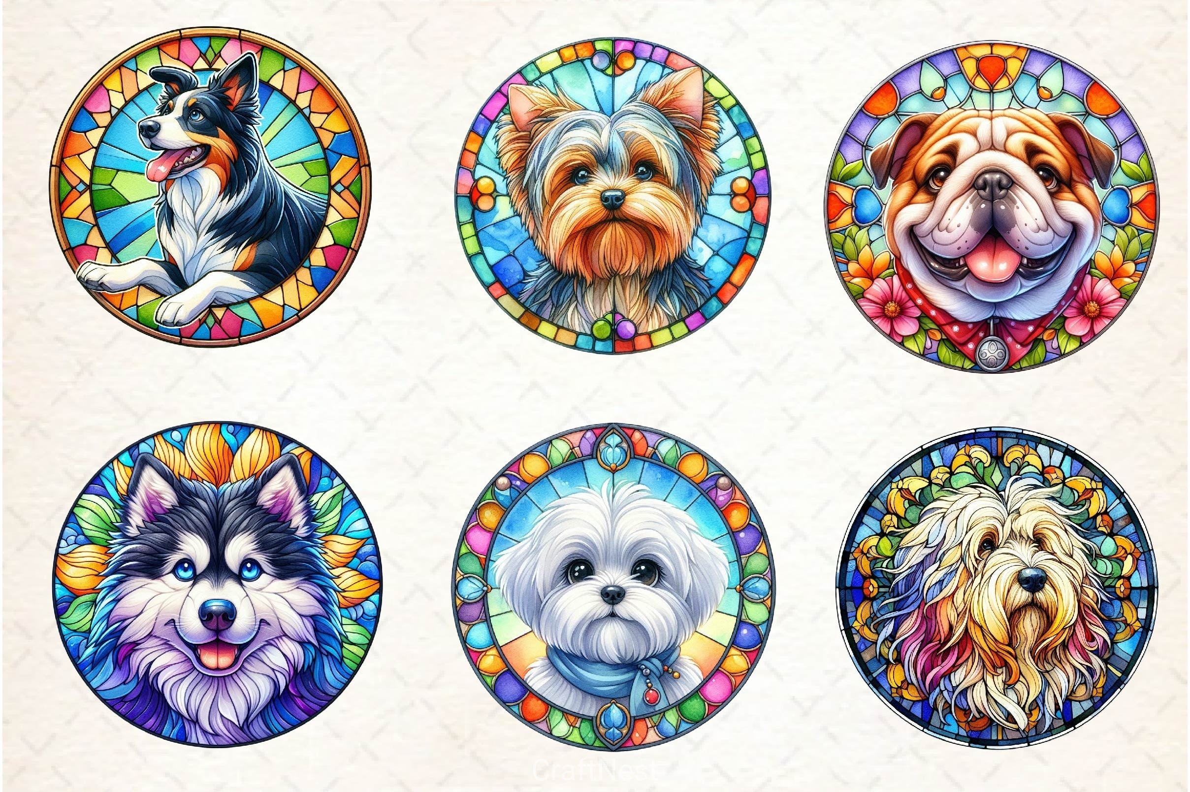 Round Stained Glass Dogs Clipart Bundle