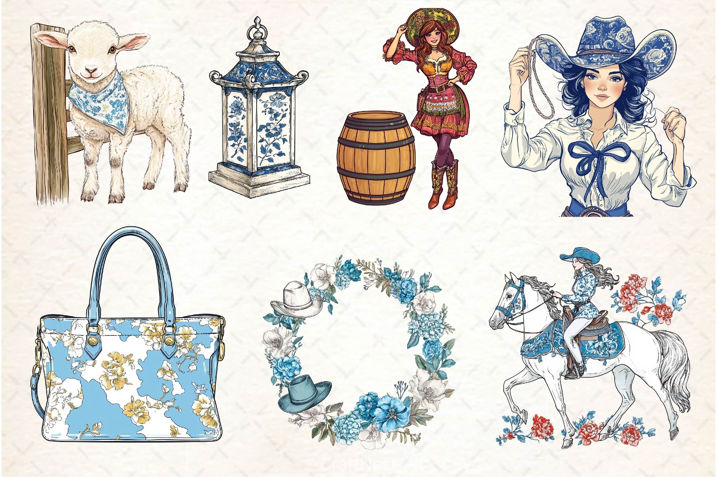 Cute Chinoiserie Cowgirl Clipart Bundle 2