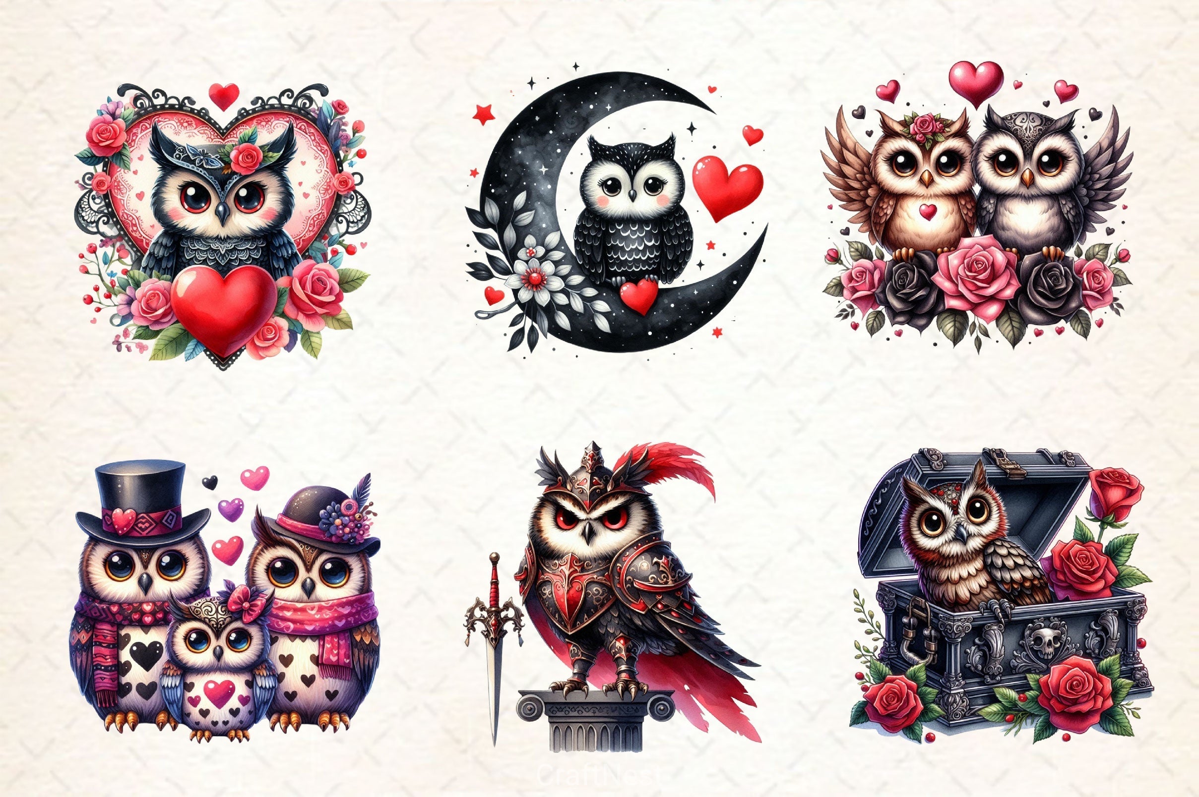 Valentine Gothic Owls Clipart Bundle 3