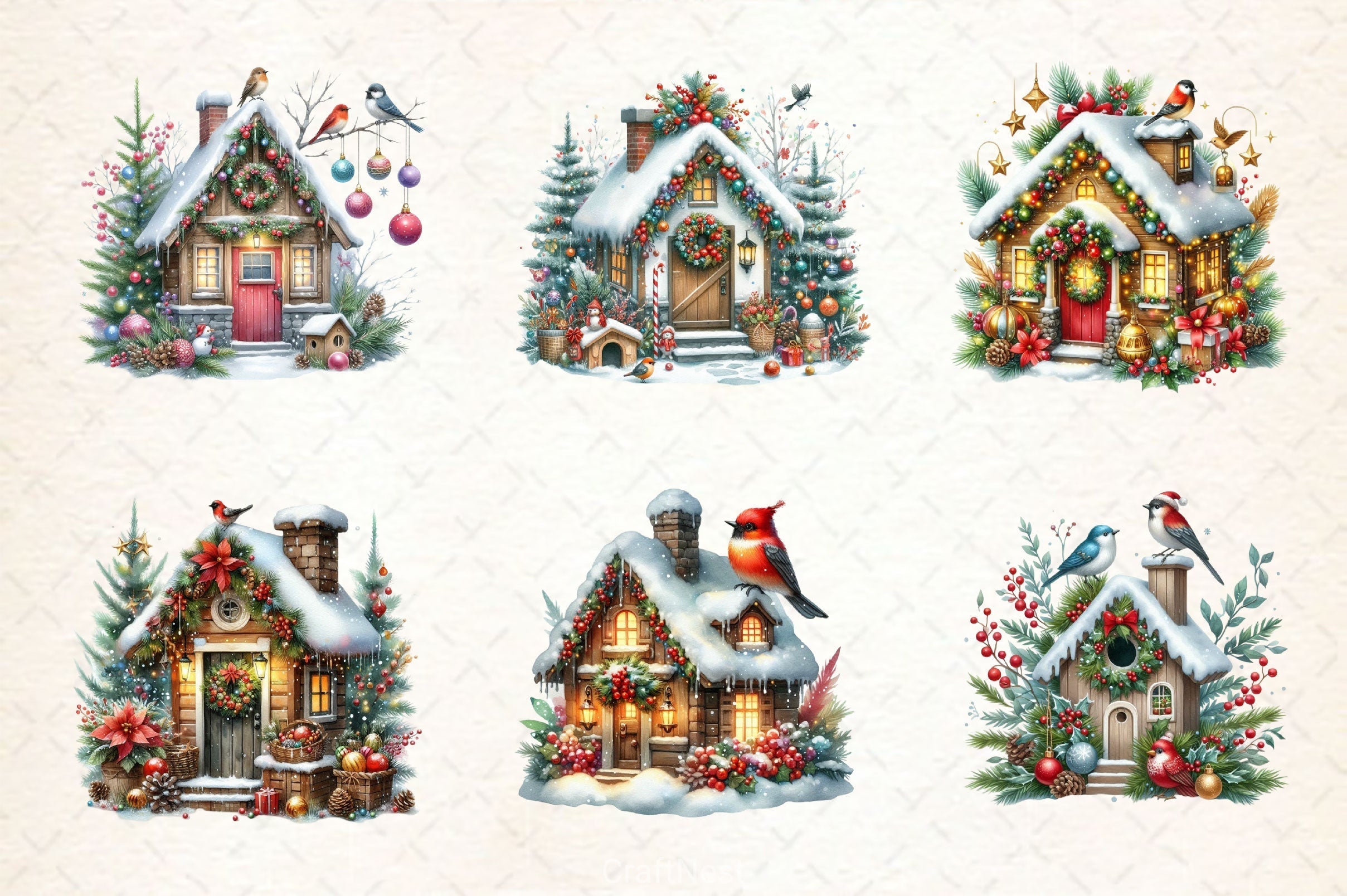 Christmas Bird House Clipart Bundle 3