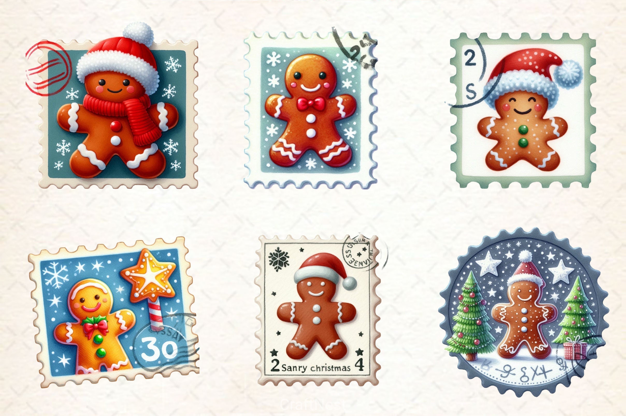 Christmas Gingerbread Postage Stamps Clipart Bundle 2