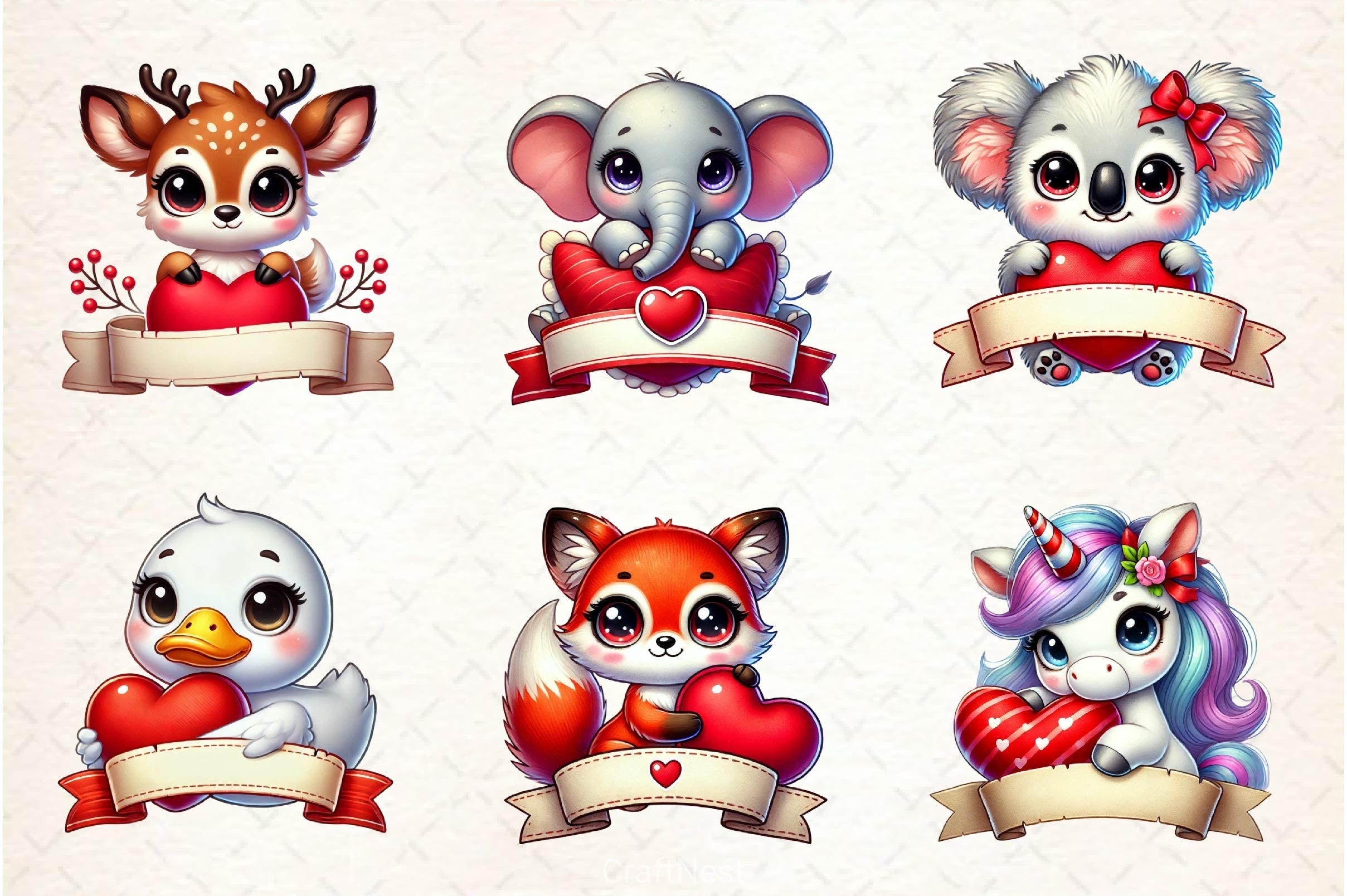 Valentine Animal Red Heart Banner Clipart Bundle